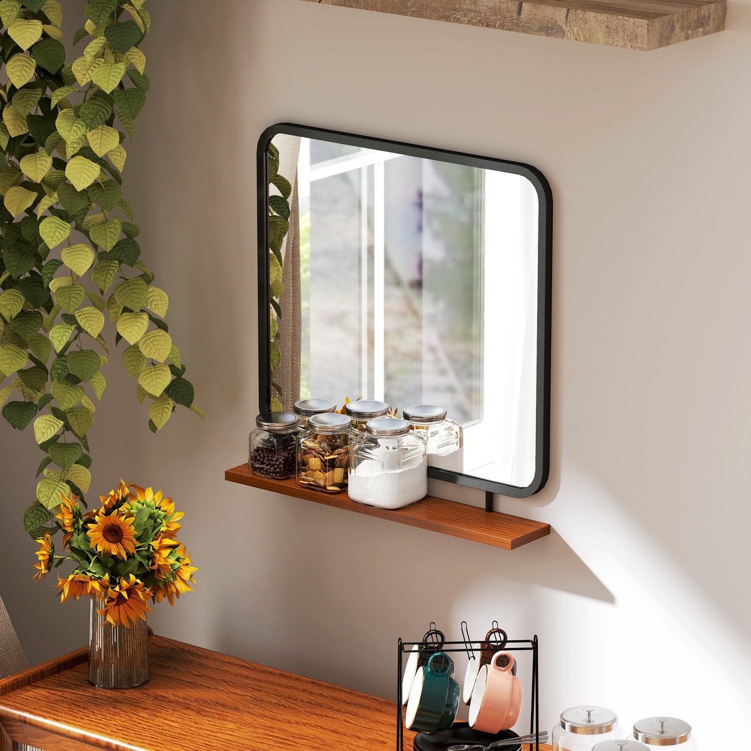 Svart rektangulär väggspegel med hylla – 55 x 55,5 cm