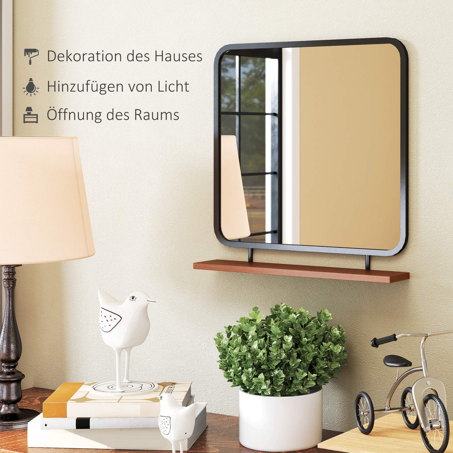 Svart rektangulär väggspegel med hylla – 55 x 55,5 cm