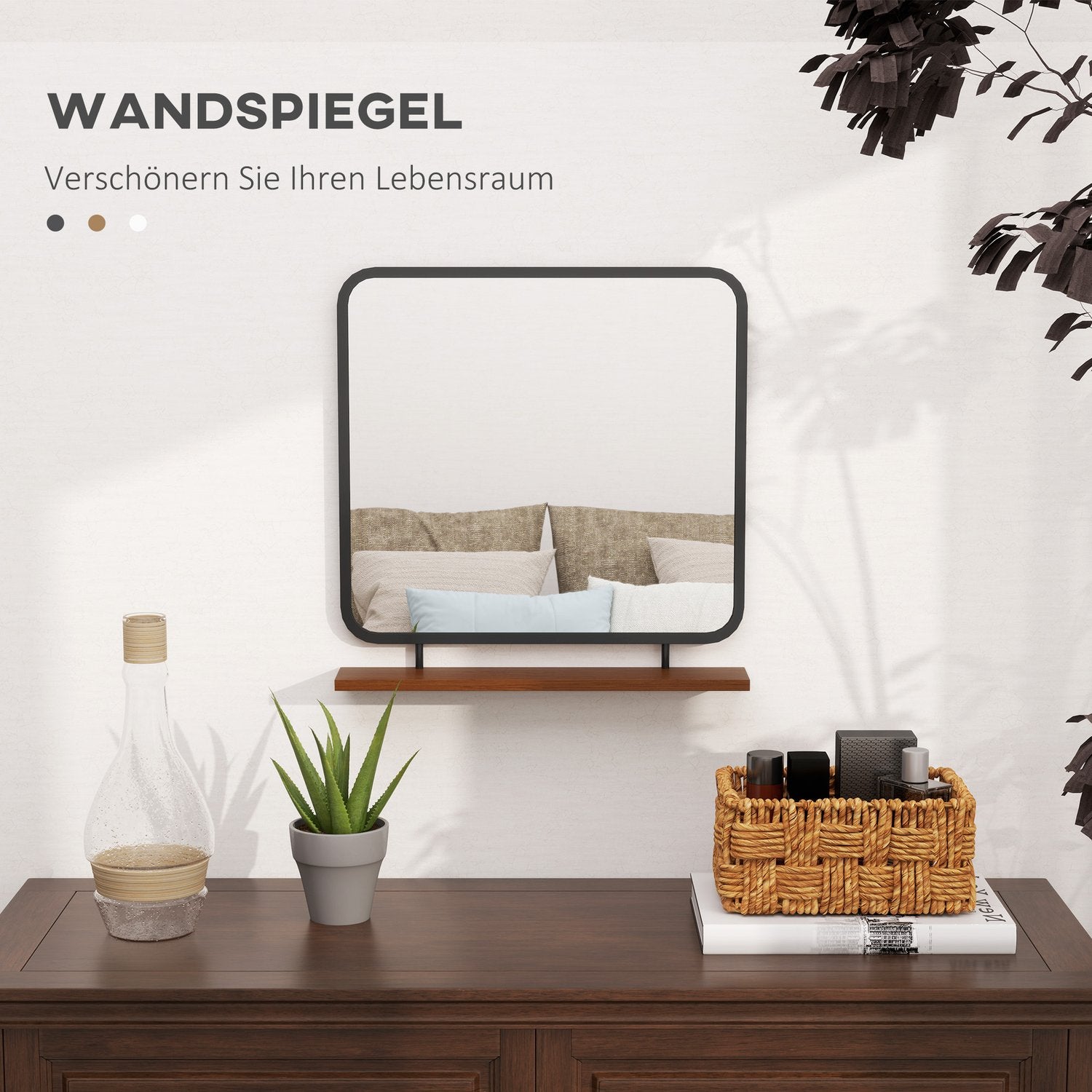 Svart rektangulär väggspegel med hylla – 55 x 55,5 cm
