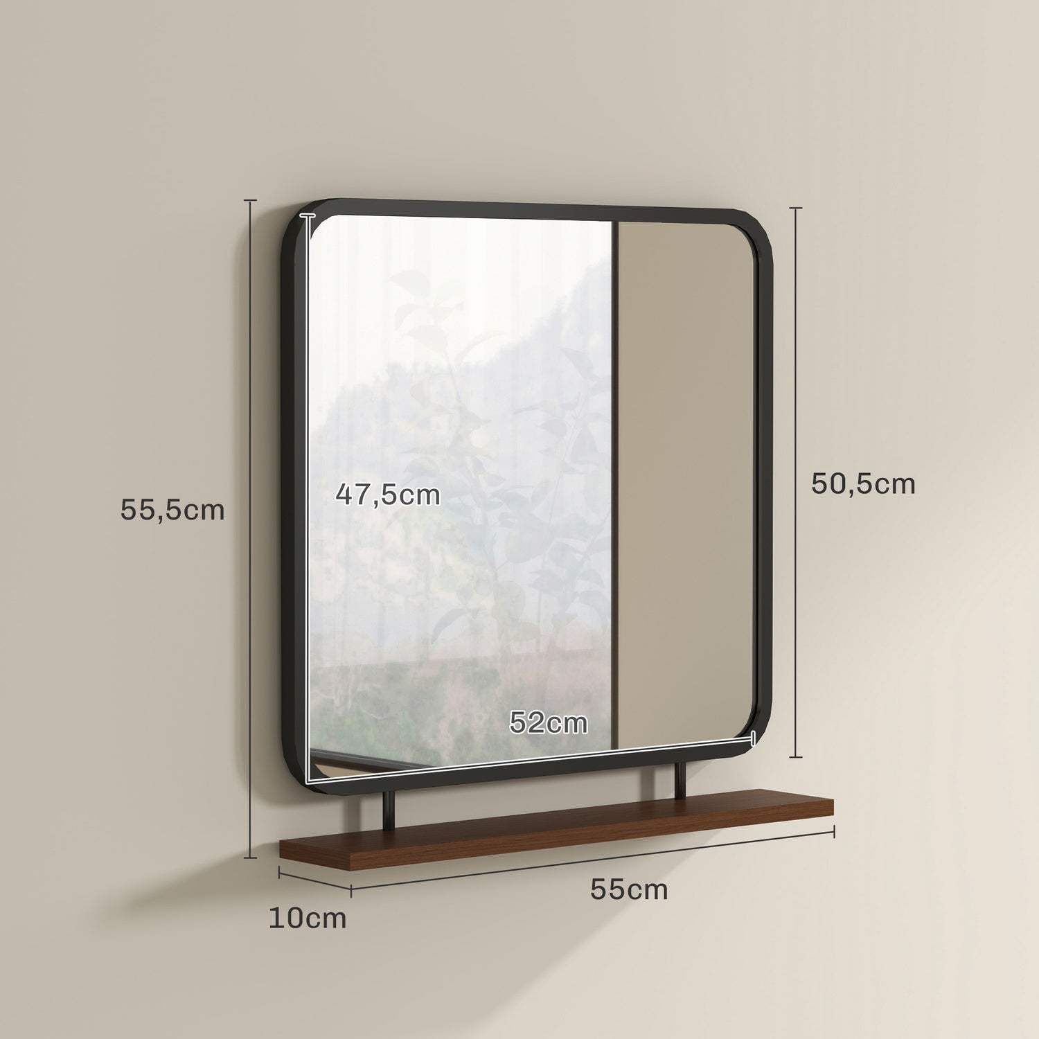 Svart rektangulär väggspegel med hylla – 55 x 55,5 cm