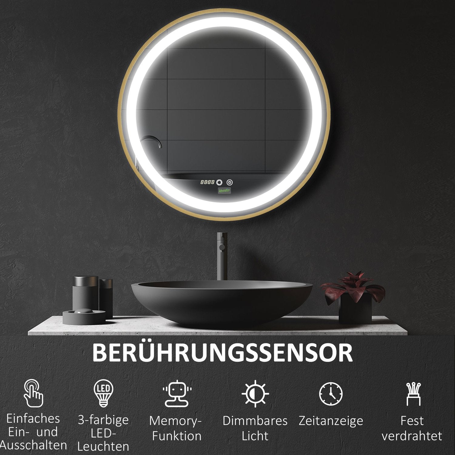 LED Badrumsspegel - Dimbar, Memory, Time Display, 60x60cm