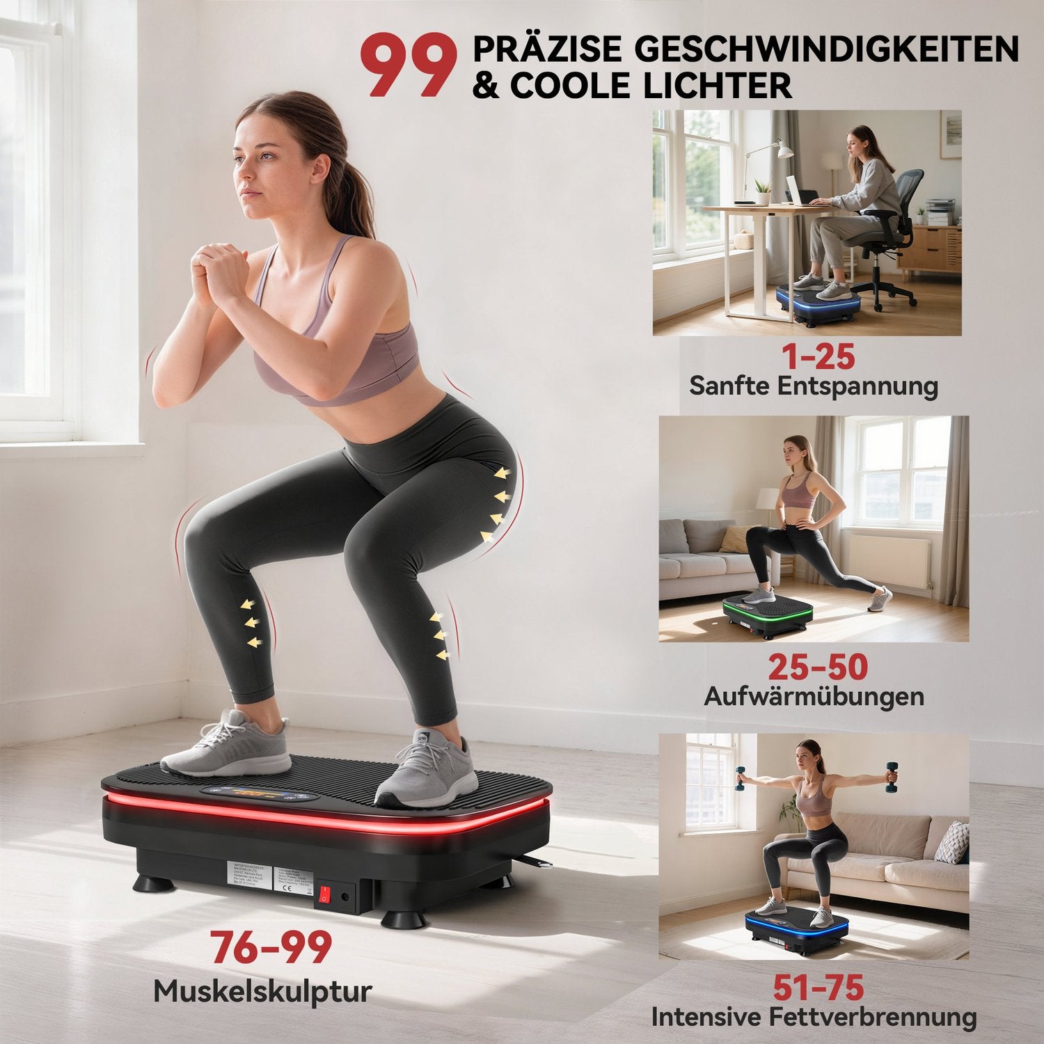 Vibrationsplatta för fitness, Bluetooth, 99 hastigheter, svart