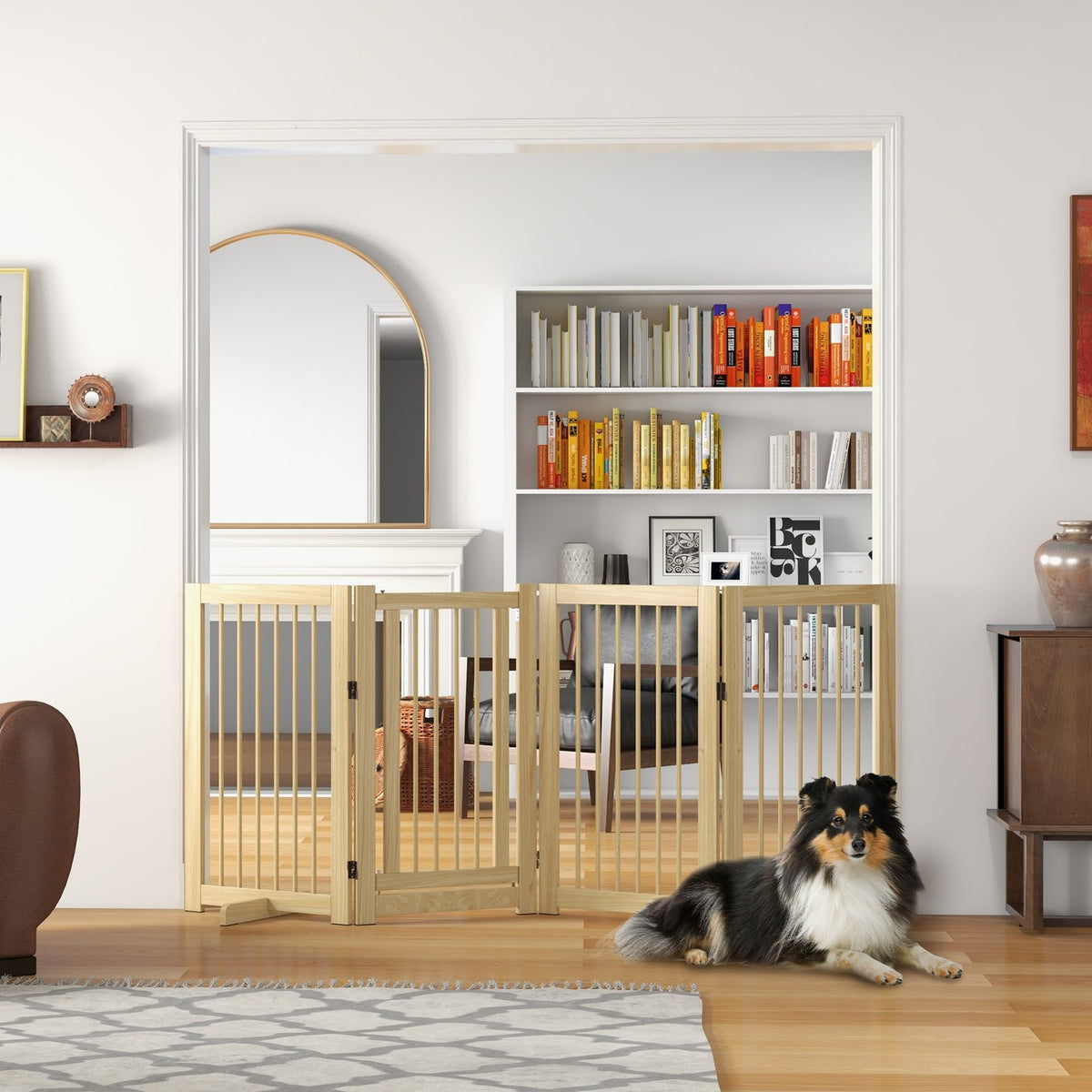 Sammenleggbar hundegrind i tre, 220 x 91 cm, frittstående med dør