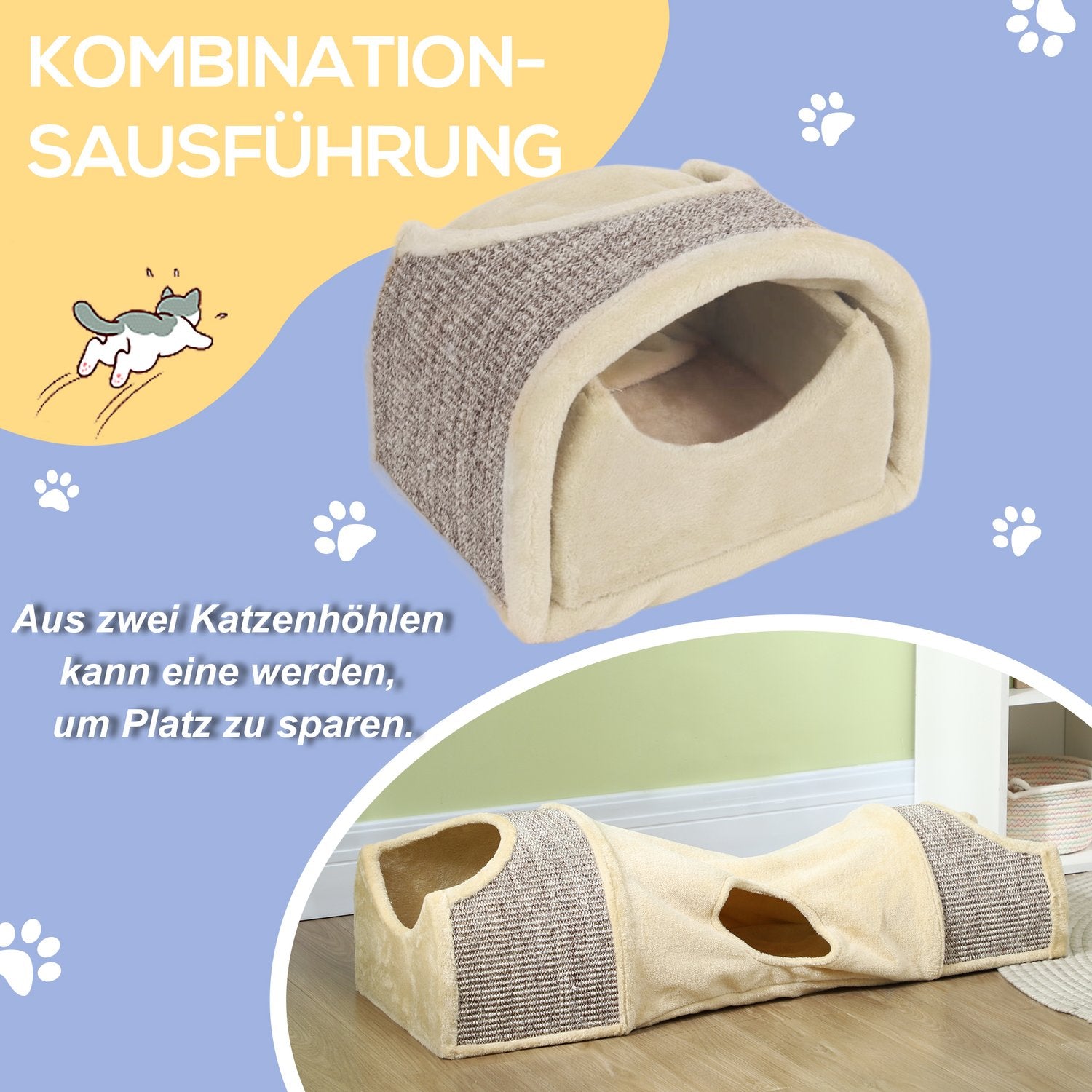 Vikbar katttunnel – 2 hus, 3 öppningar, beige