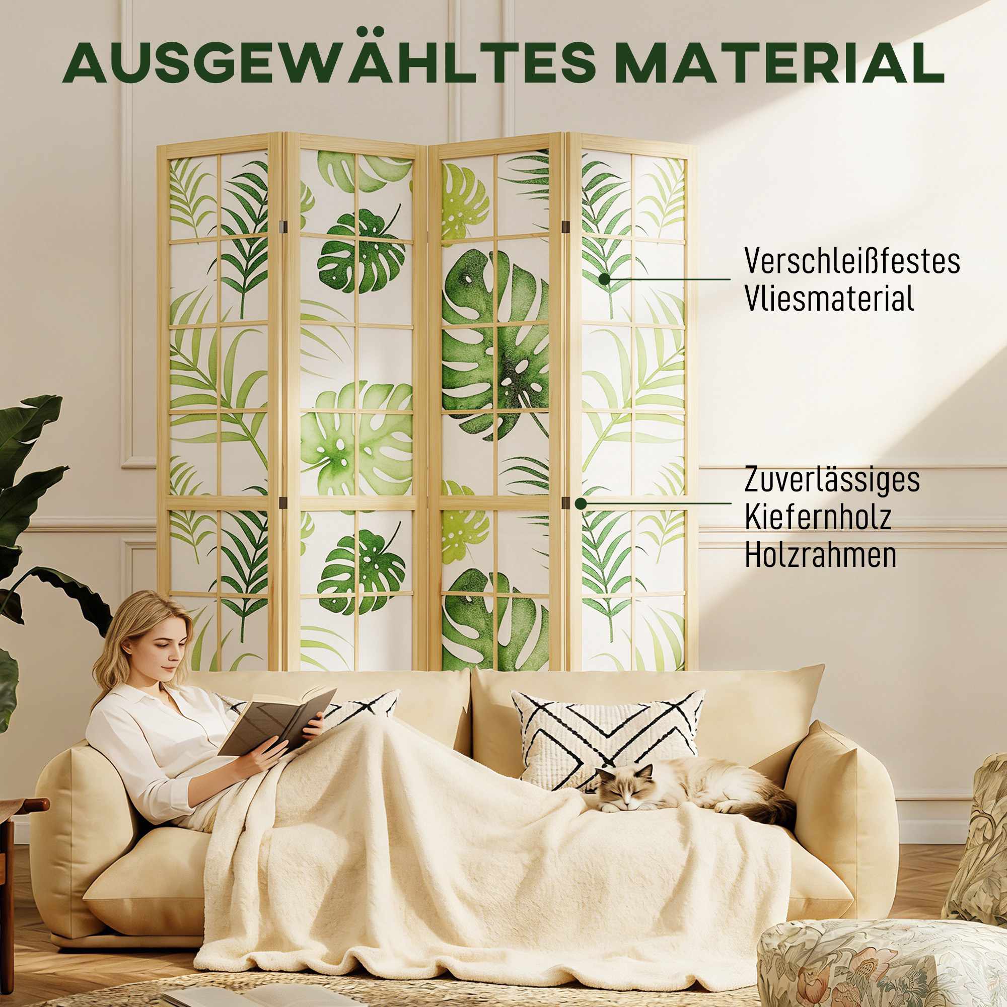 Vikbar rumsavdelare med 4 paneler, bohemisk palmdesign, grön