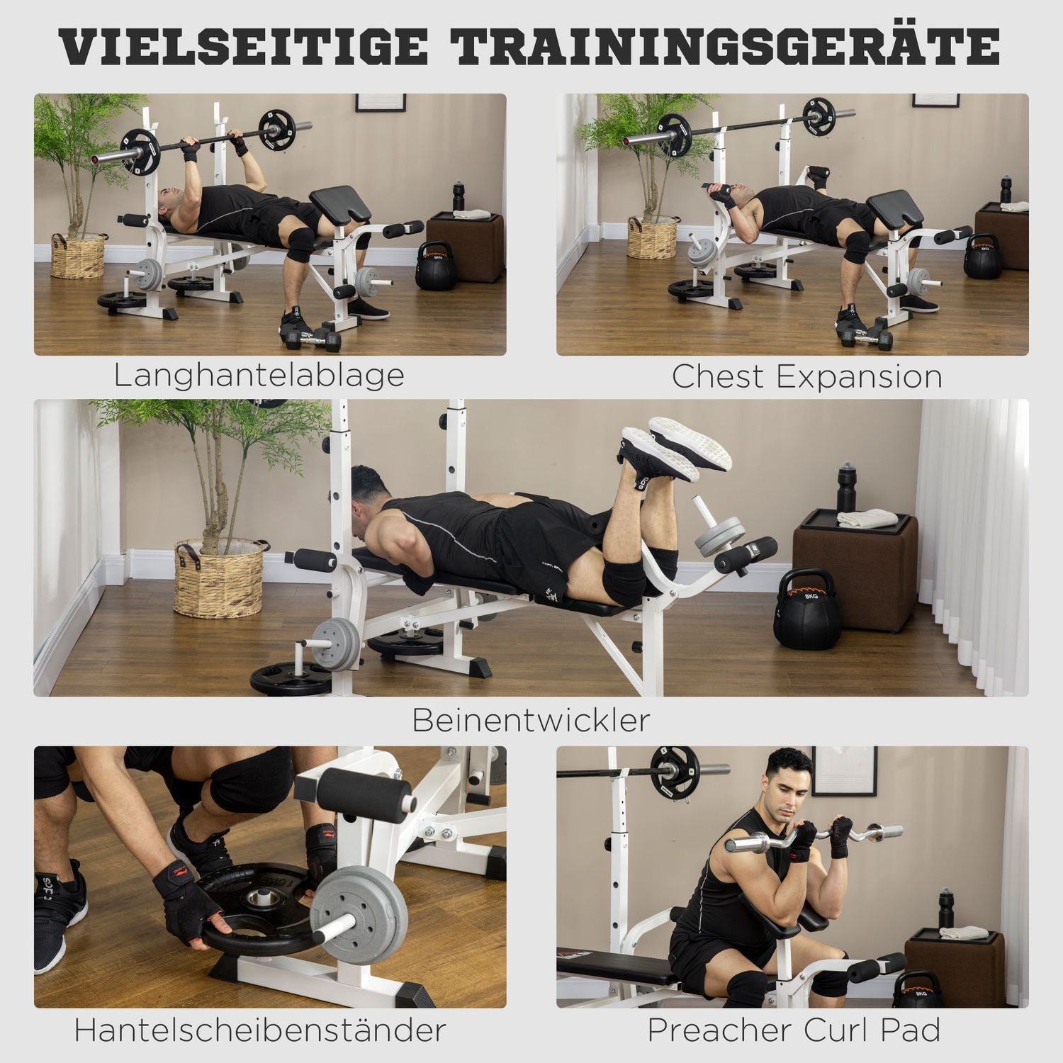 Viktbänk med benpress & hantel, armstöd, svart och vitt