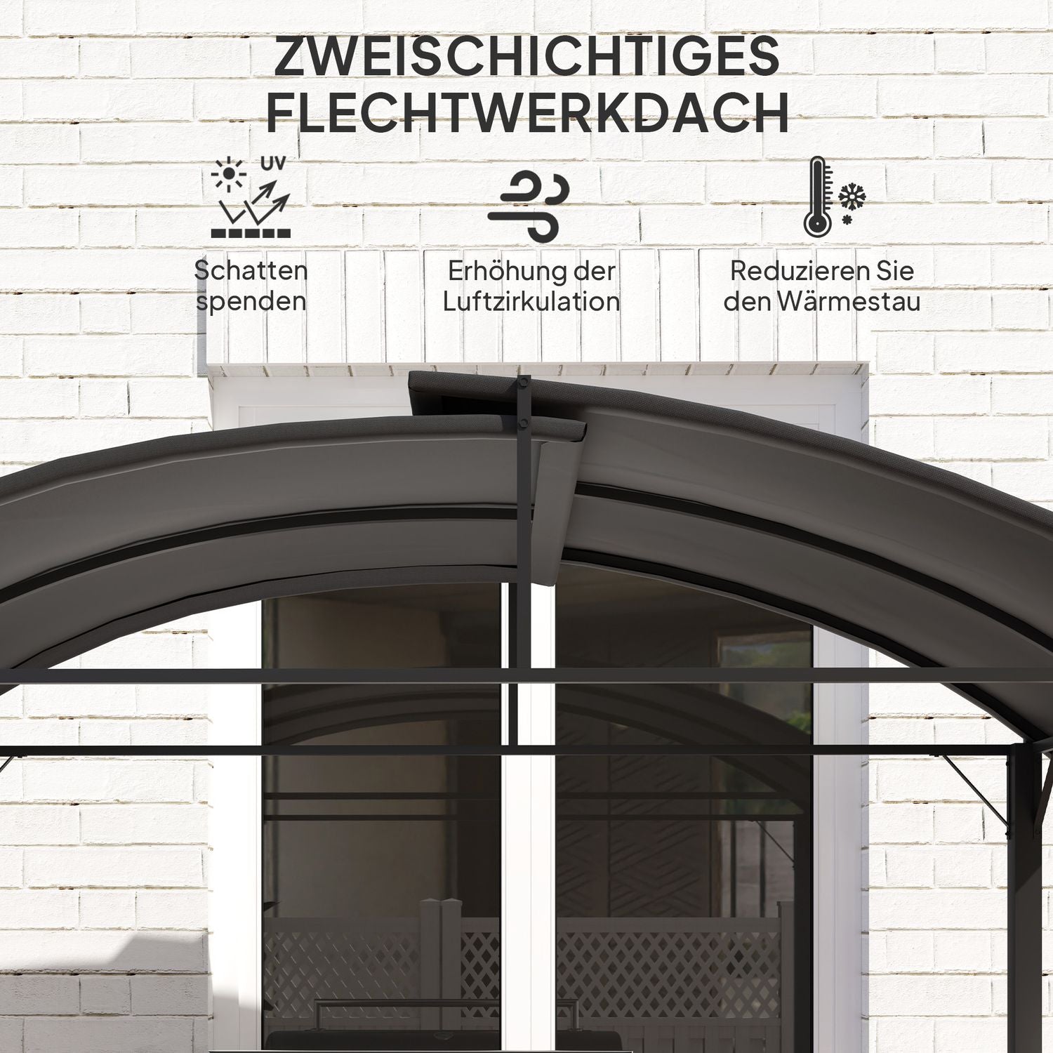 Vindtät grillpaviljong i stål, dubbelt tak, UV-skydd