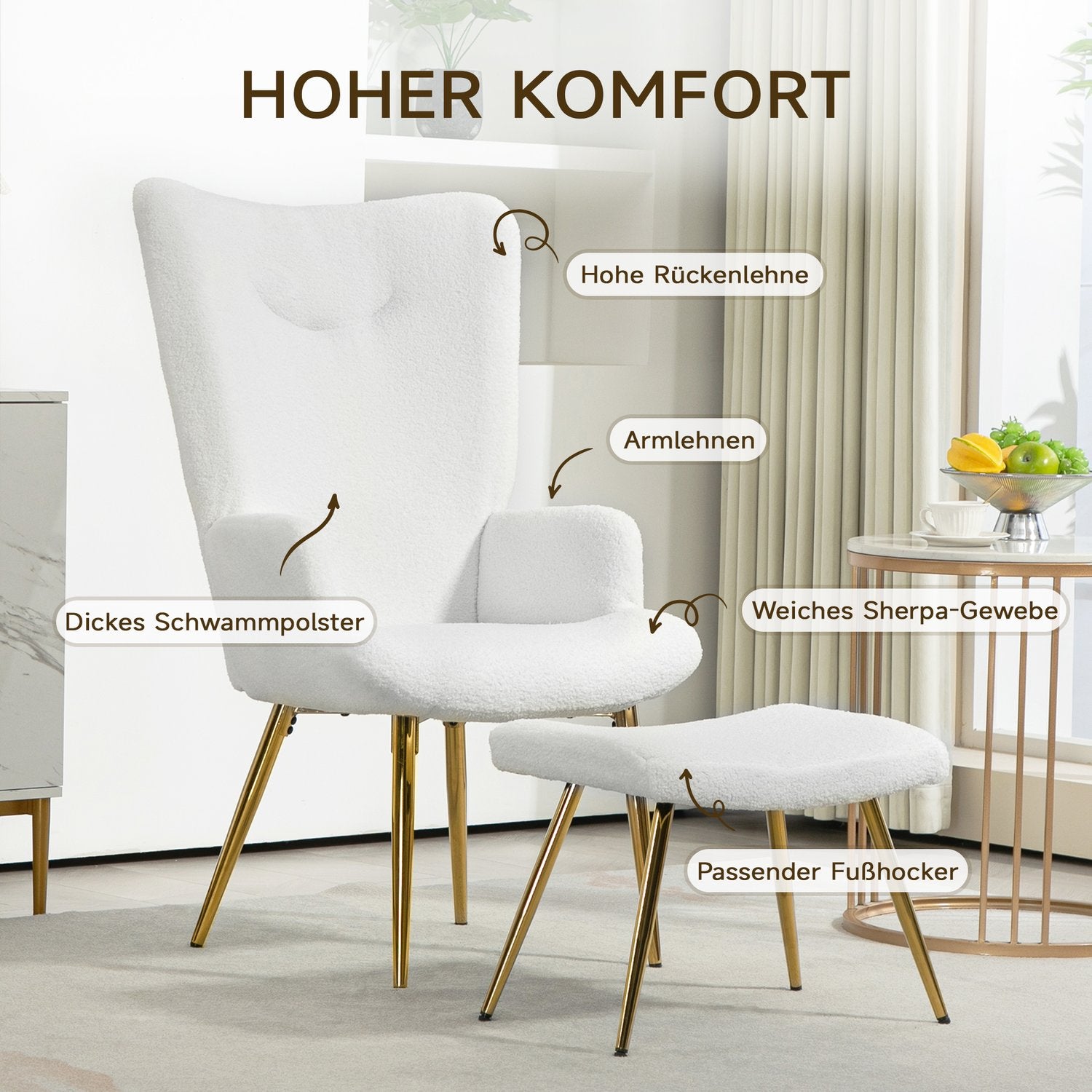 White Wing Chair med pall – Sherpa-överdrag, hög rygg