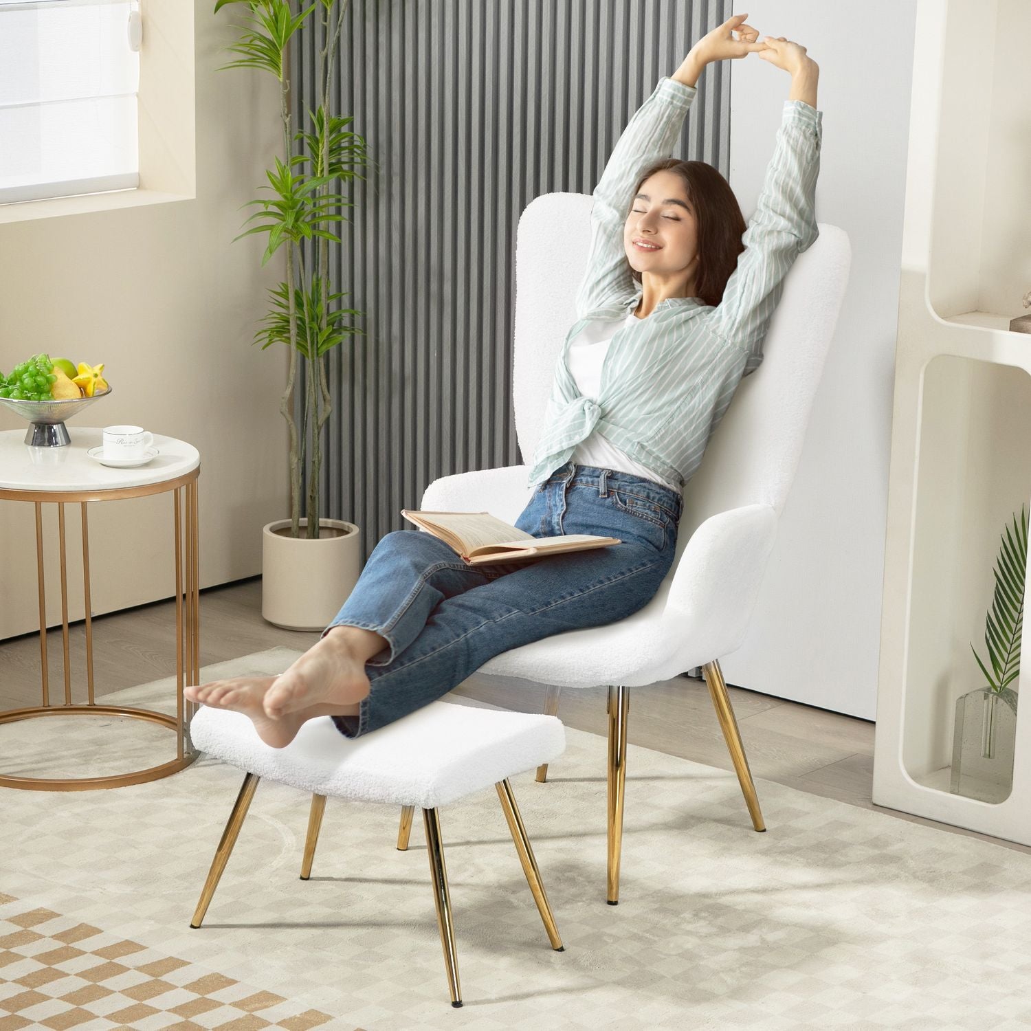 White Wing Chair med pall – Sherpa-överdrag, hög rygg