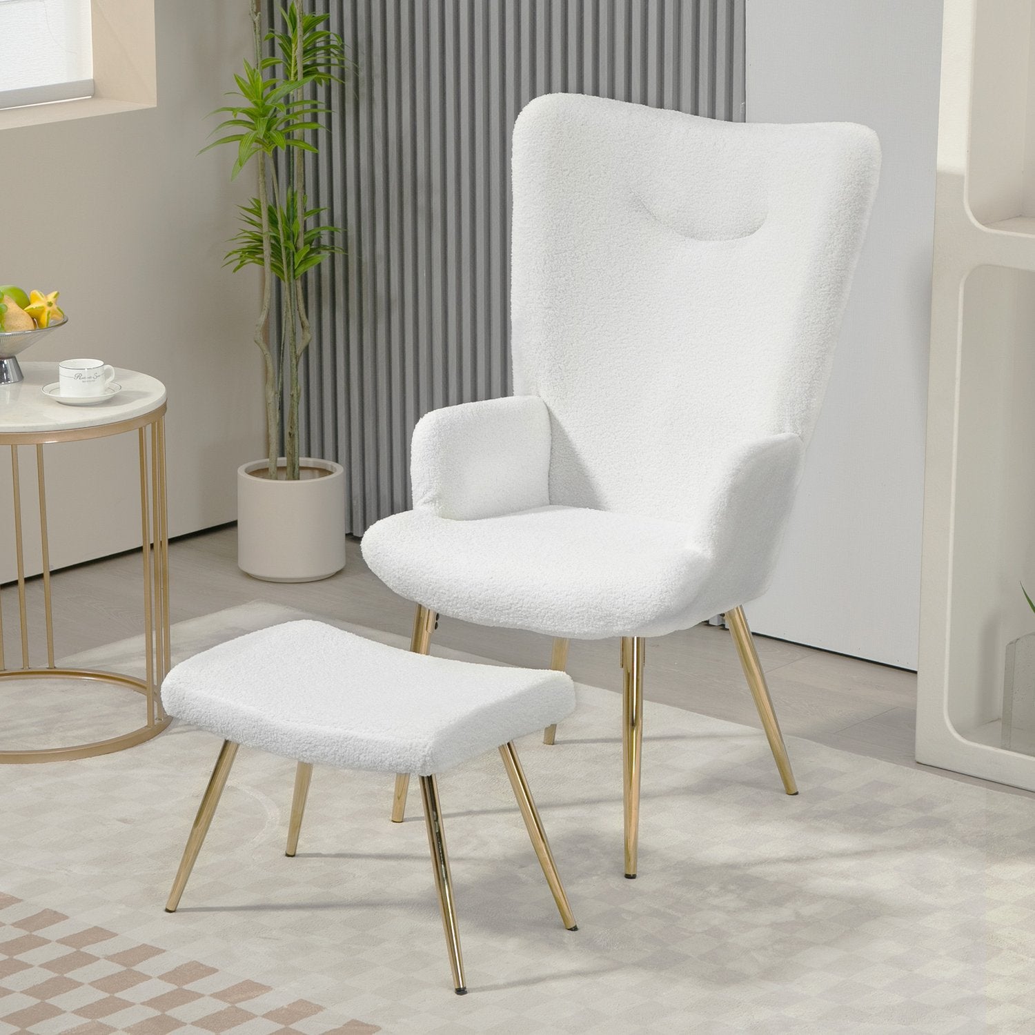 White Wing Chair med pall – Sherpa-överdrag, hög rygg