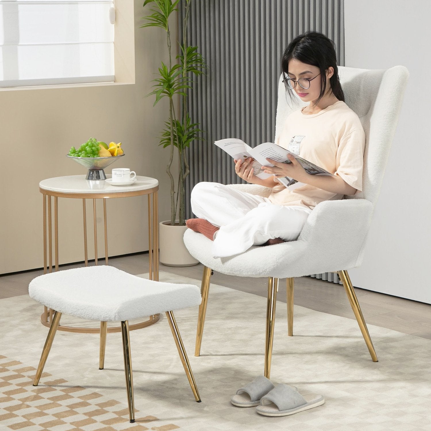 White Wing Chair med pall – Sherpa-överdrag, hög rygg