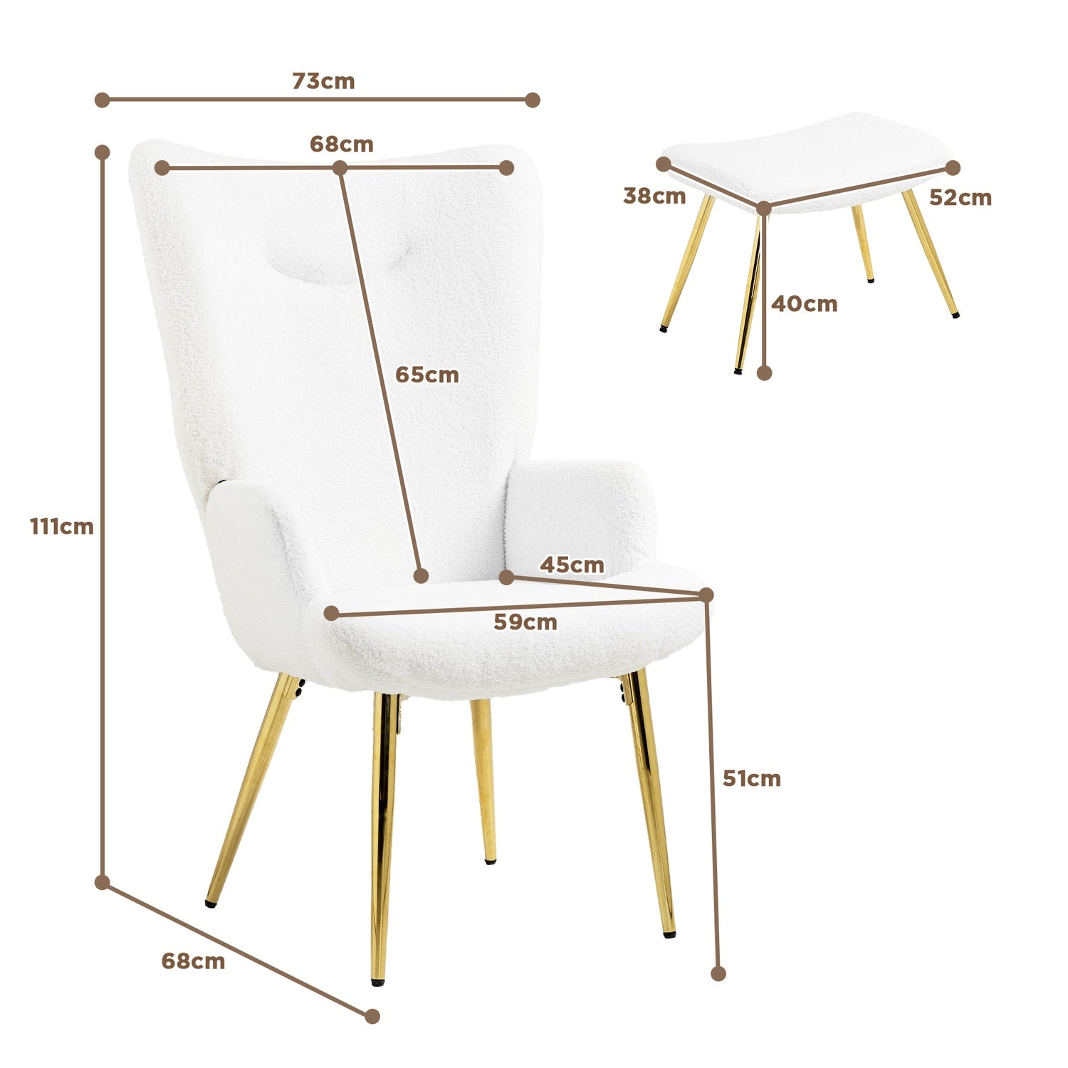 White Wing Chair med pall – Sherpa-överdrag, hög rygg