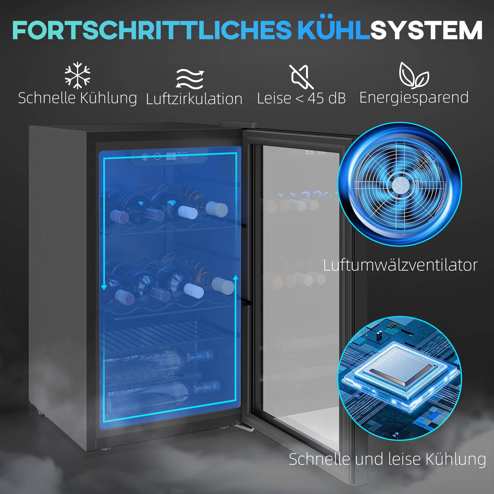 Vinkyl, 24 flaskor, 68 l, 4–16 °C, glasdörr, svart