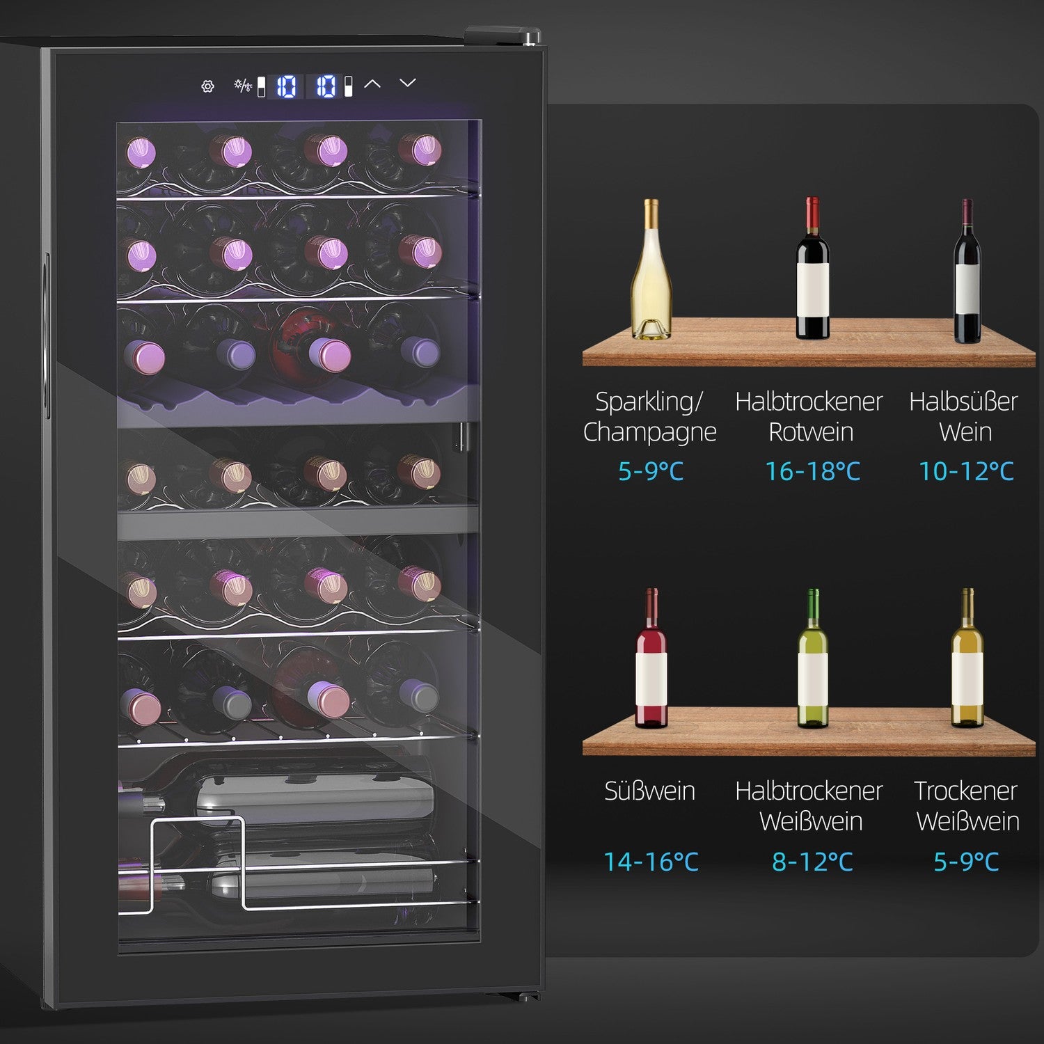 Vinkyl med dubbla zoner, 28 flaskor, UV-glasdörr, LED