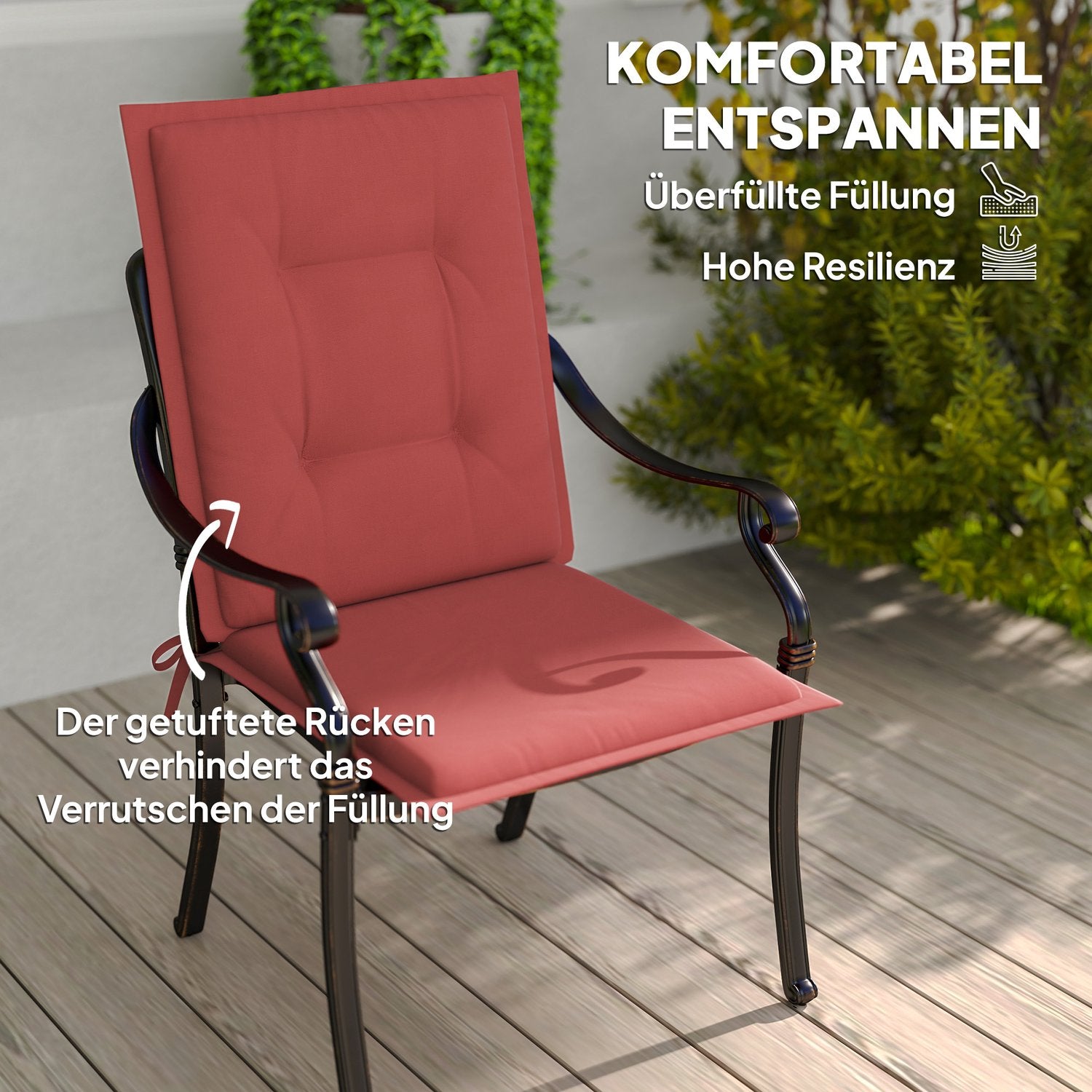 Vinröd stol & bänkkuddar, 108x50x5 cm, inomhus/utomhus