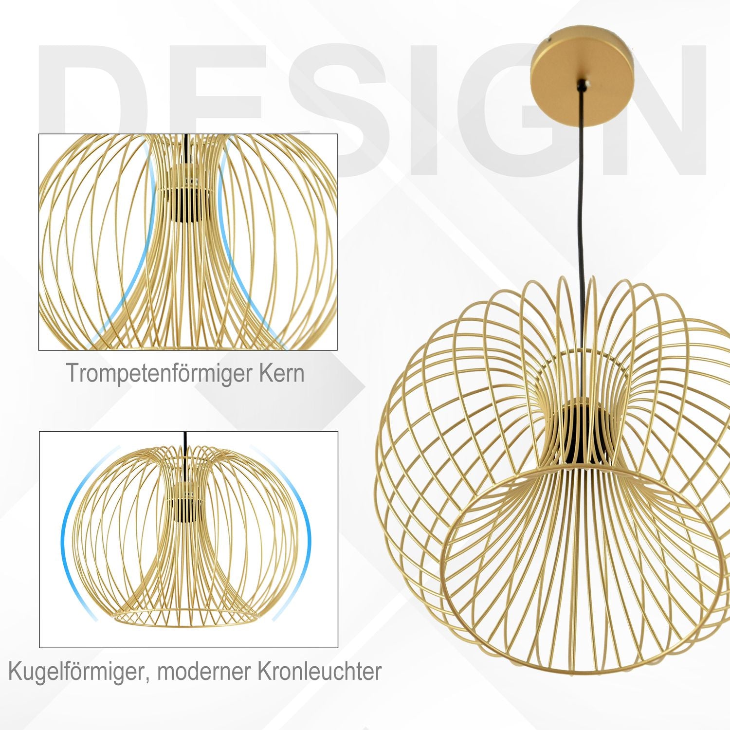 Vintage Guld Taklampa, Justerbart Stål, E27, Ø37x150 Cm