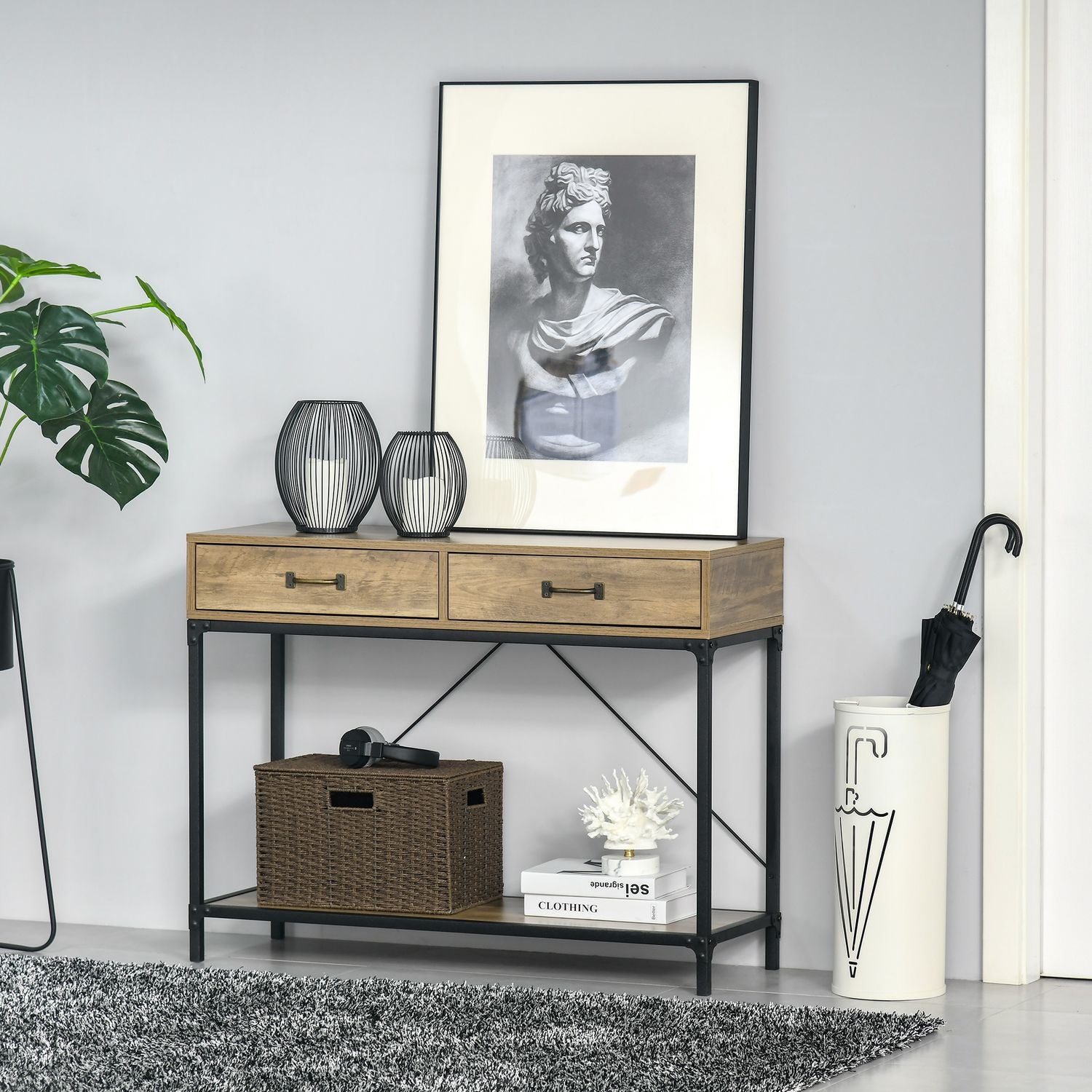 Vintage brunt konsolbord, 2 lådor & bottenhylla