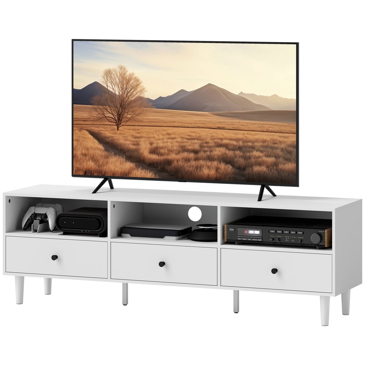 Vit TV-skåp med lådor, Kabelhantering, 140 cm