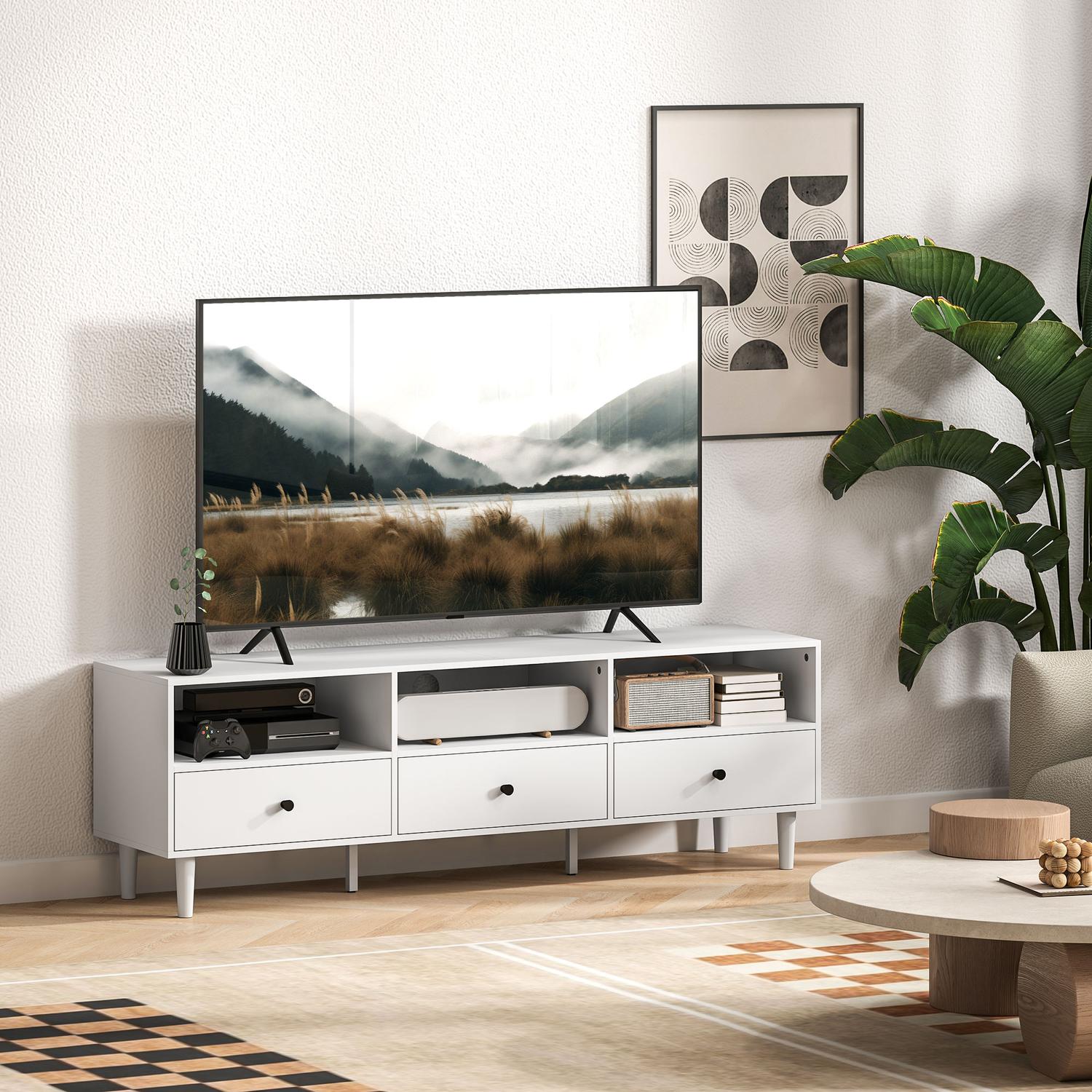 Vit TV-skåp med lådor, Kabelhantering, 140 cm