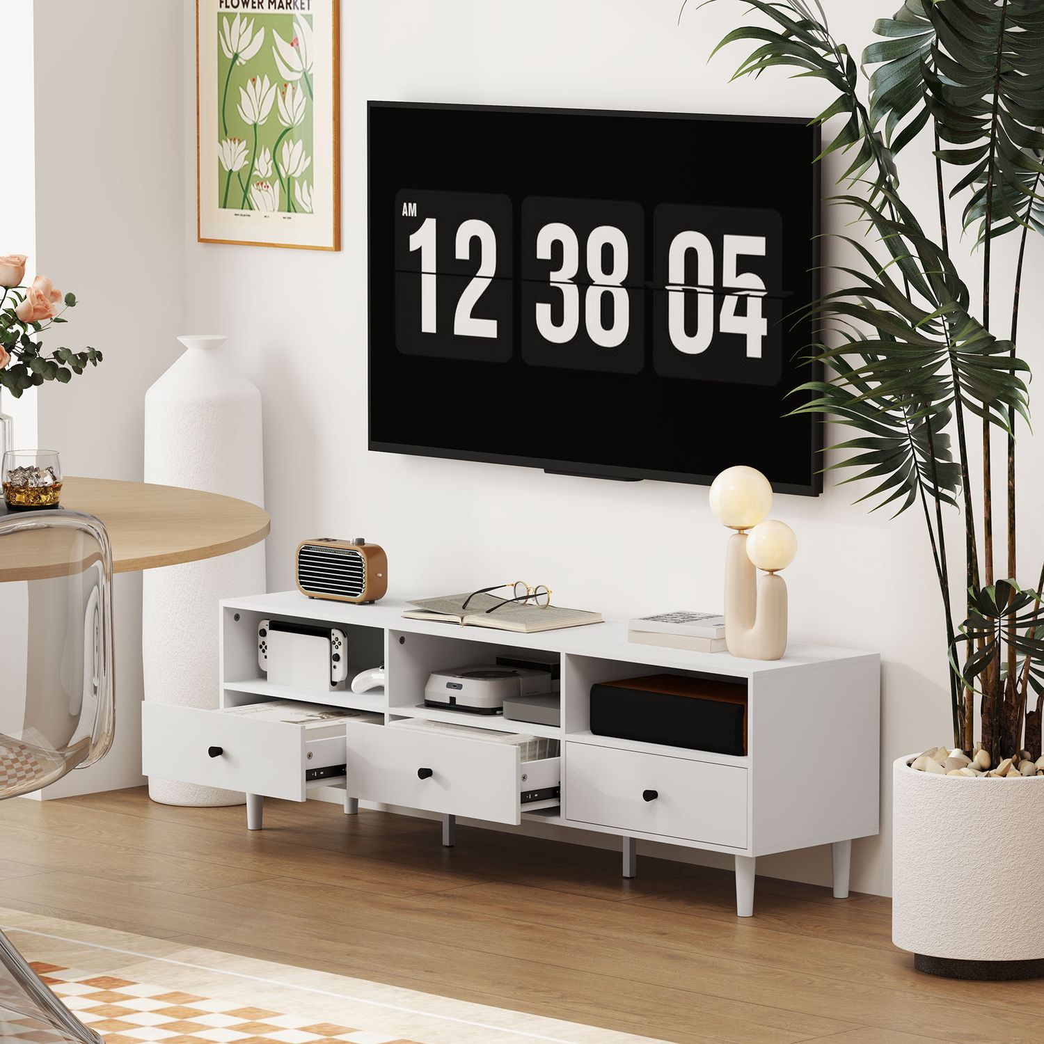 Vit TV-skåp med lådor, Kabelhantering, 140 cm