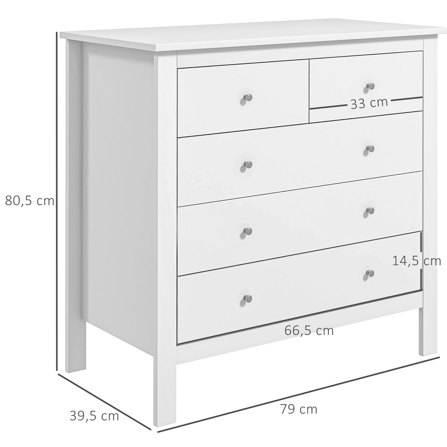 Vit byrå med 5 lådor, anti-tilt, 79x39,5x80,5 cm