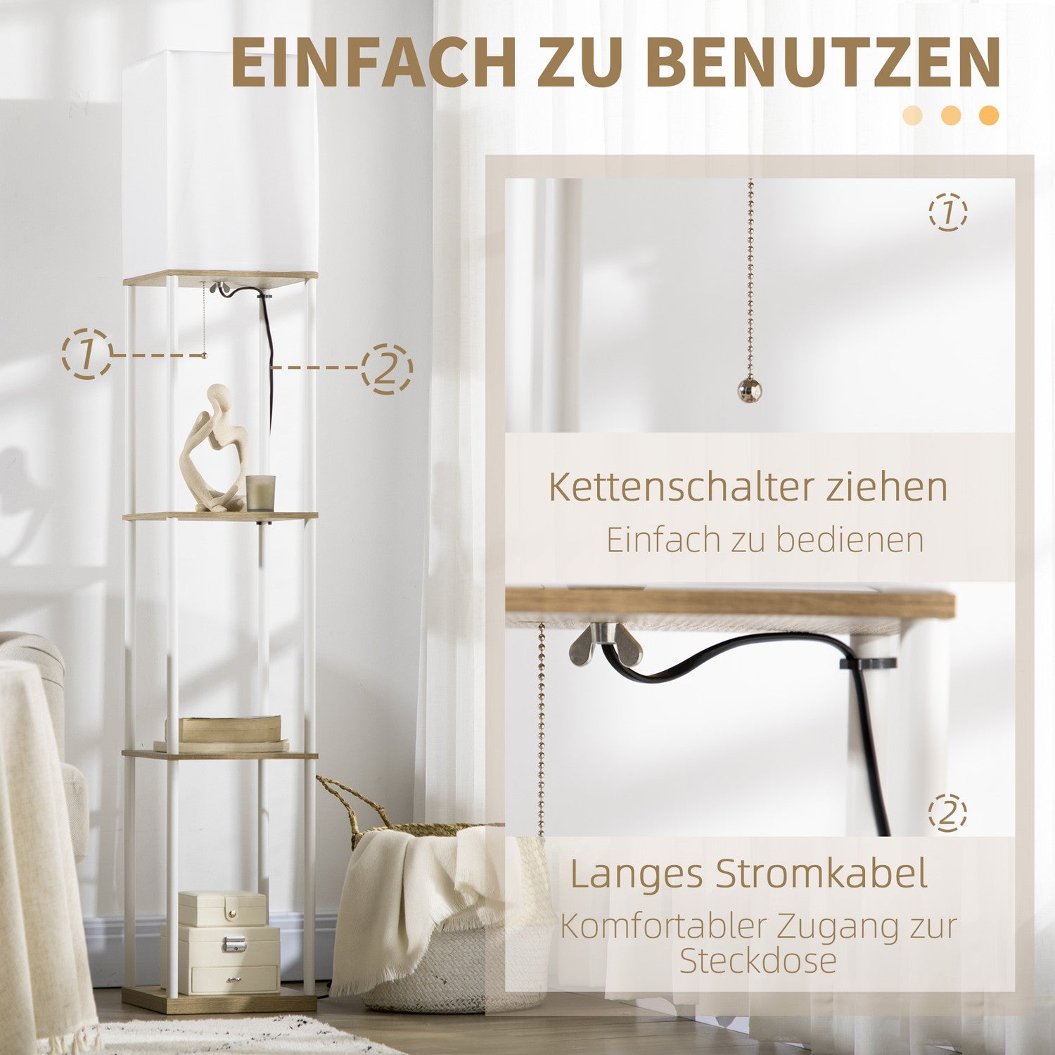 Vit golvlampa med tygskärm, E27 Sockel, 40W