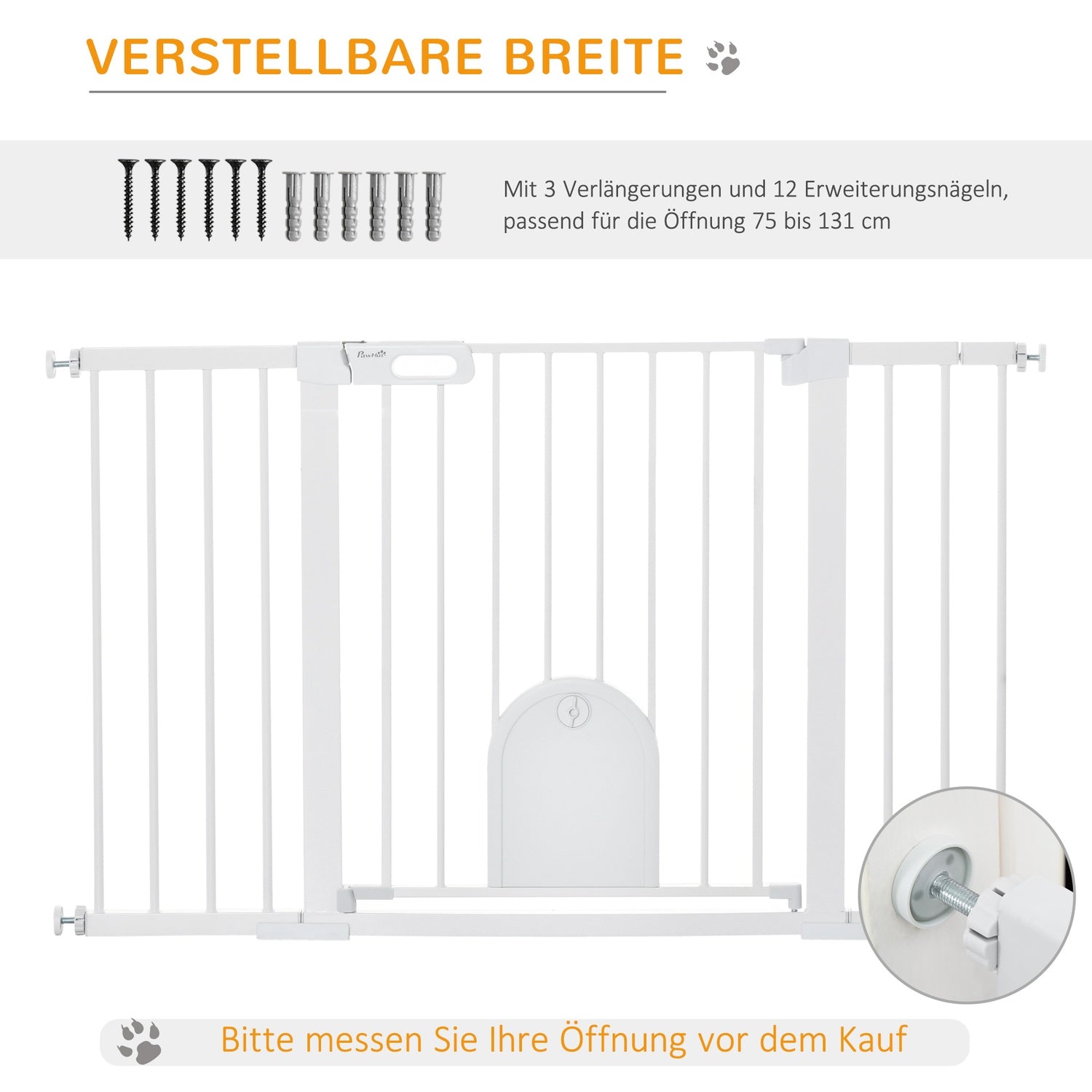 Vit metall trappgrind, 75-131cm, säker klämfäste