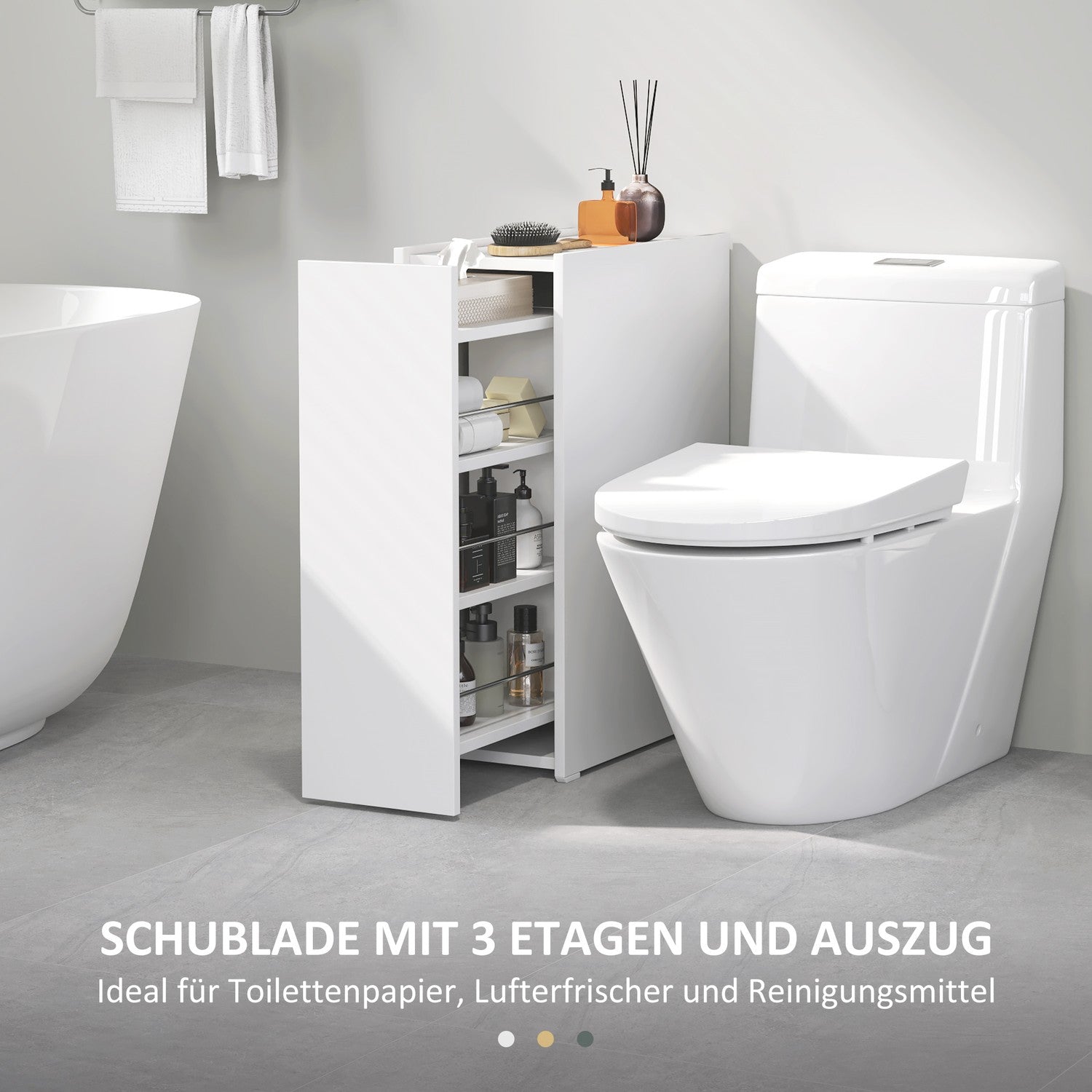 Vit smalt badrumsskåp med hjul, 3 lådor