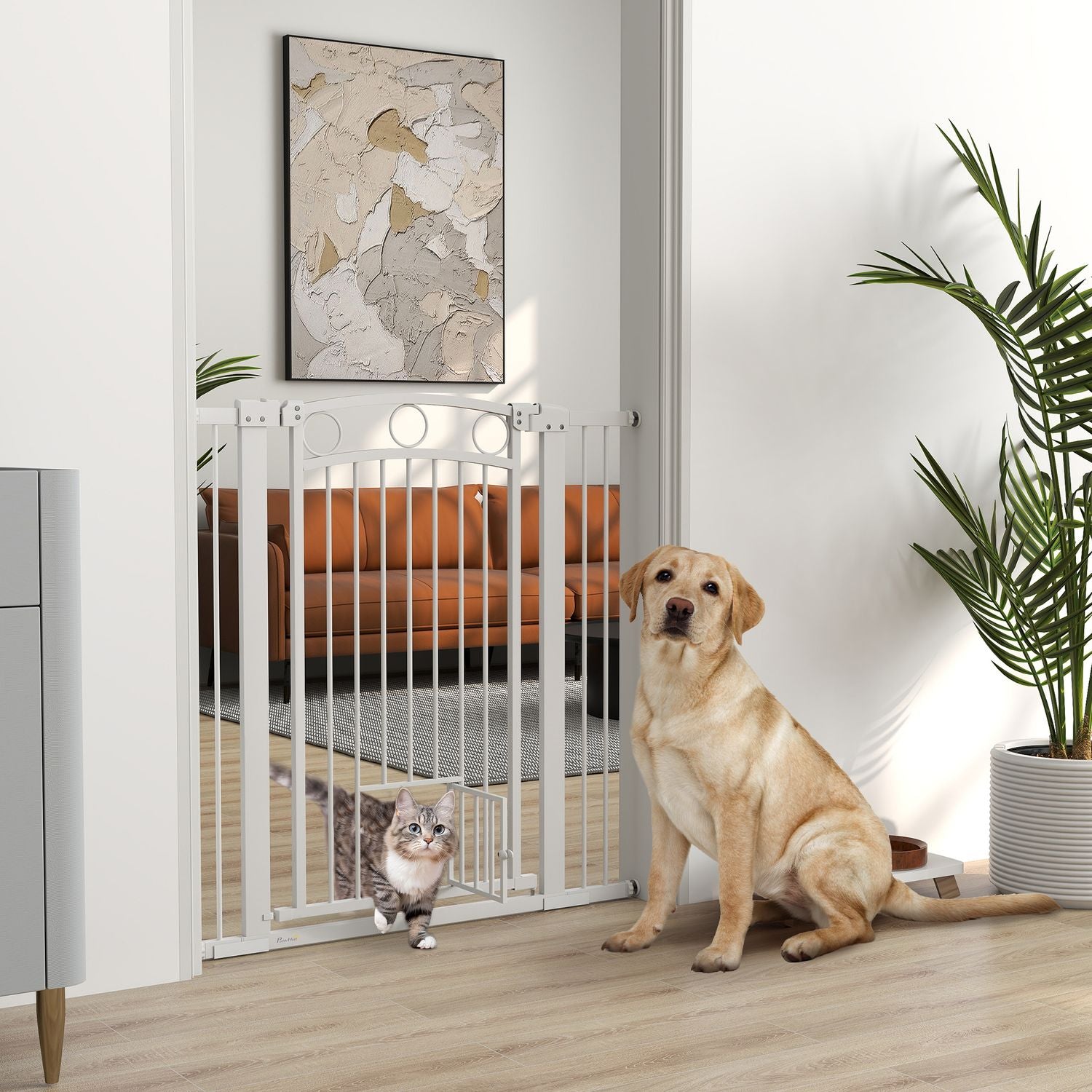 Vit stålskyddsgrind för hund och katt, 76-104 cm, ingen borrinstallation