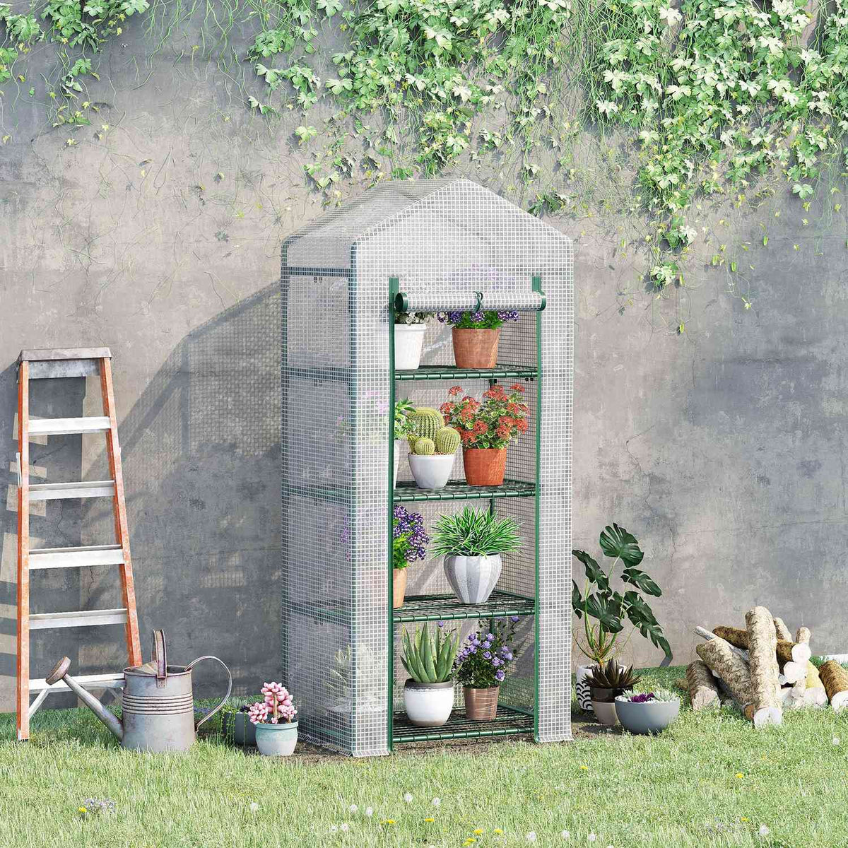 Hvitt drivhus med 4 hyller, folietrekk, 70x50x160 cm