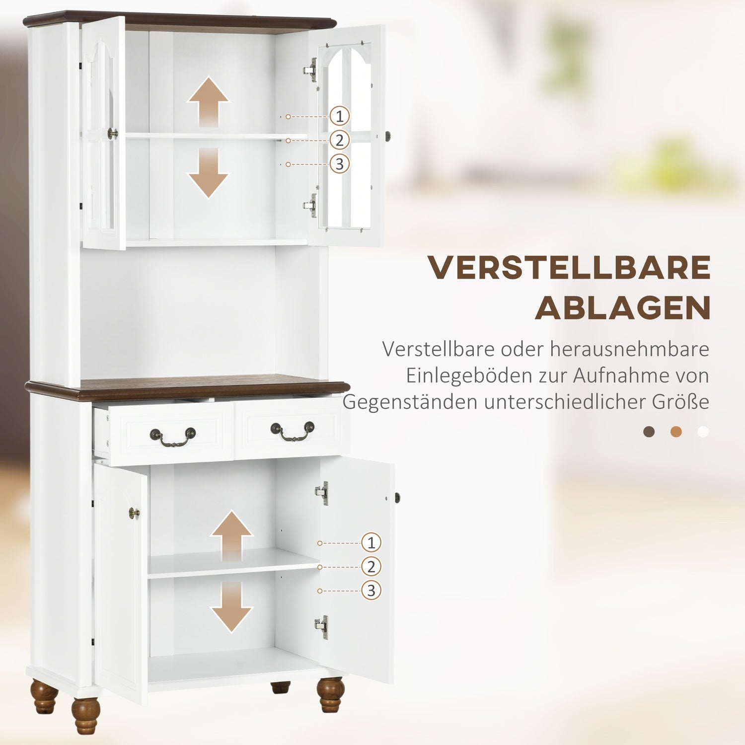 Vitt högt köksskåp – 2 lådor, öppen display, mjukstäng