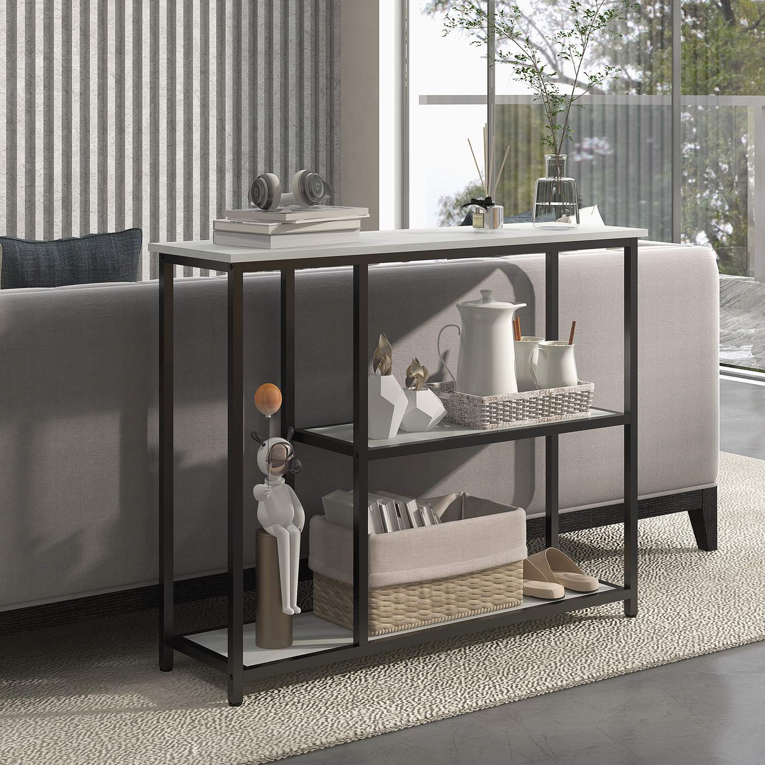 Vitt konsolbord i stål – 2-nivåer, tippskydd – 100x30x80 cm