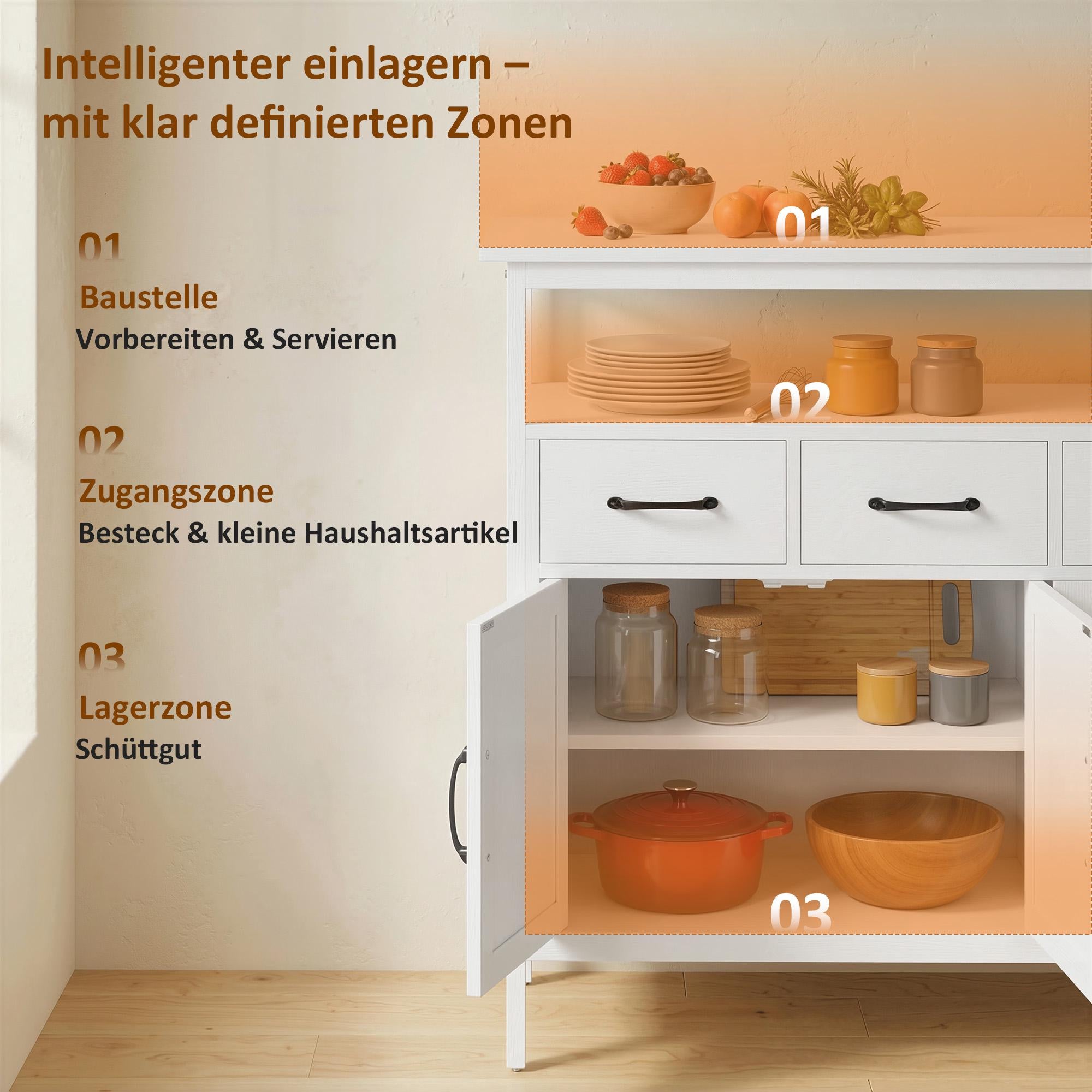 Vitt skänk med justerbara hyllor och 3 lådor