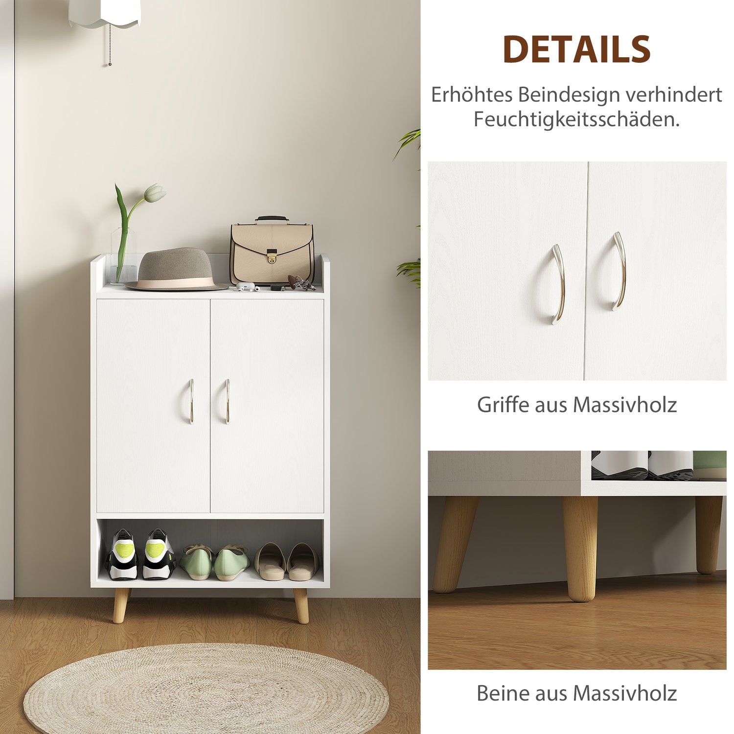 Vitt skoskåp i massivt trä med dörrar – Passar 12 par