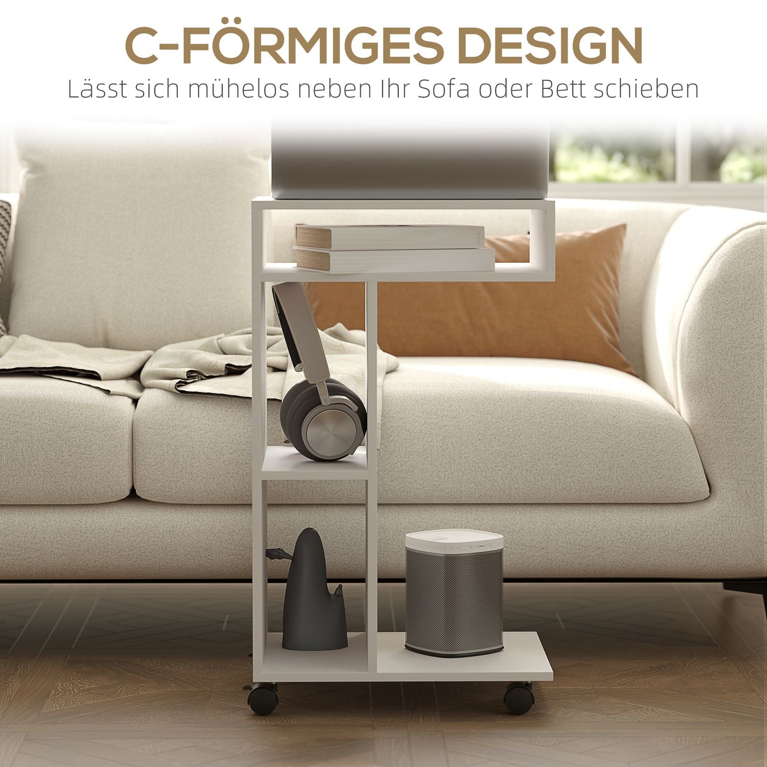 Vitt soffbord med hjul – 4-hyllad flerfunktionsskrivbord