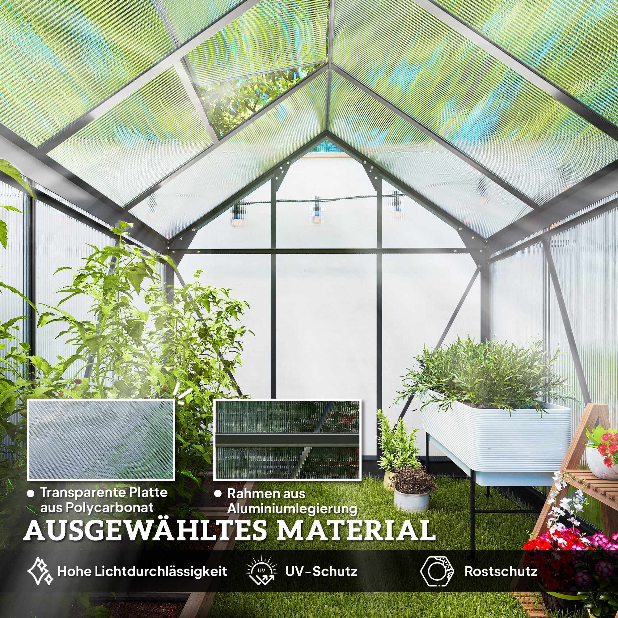Växthus 3,65 m², aluminiumram, UV-resistenta paneler