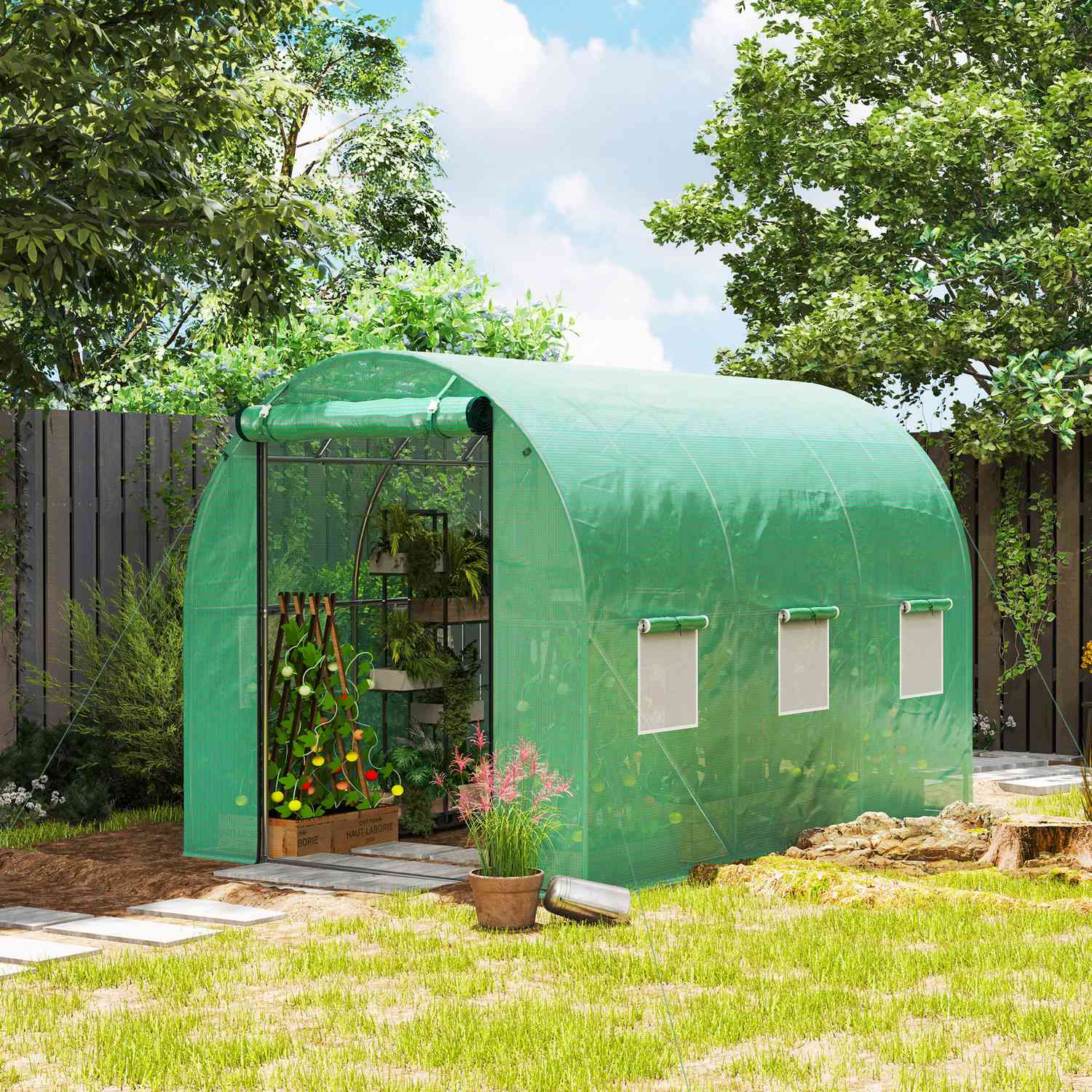 Växthus 3x2x2m UV-beständig, rulldörr, 6 fönster