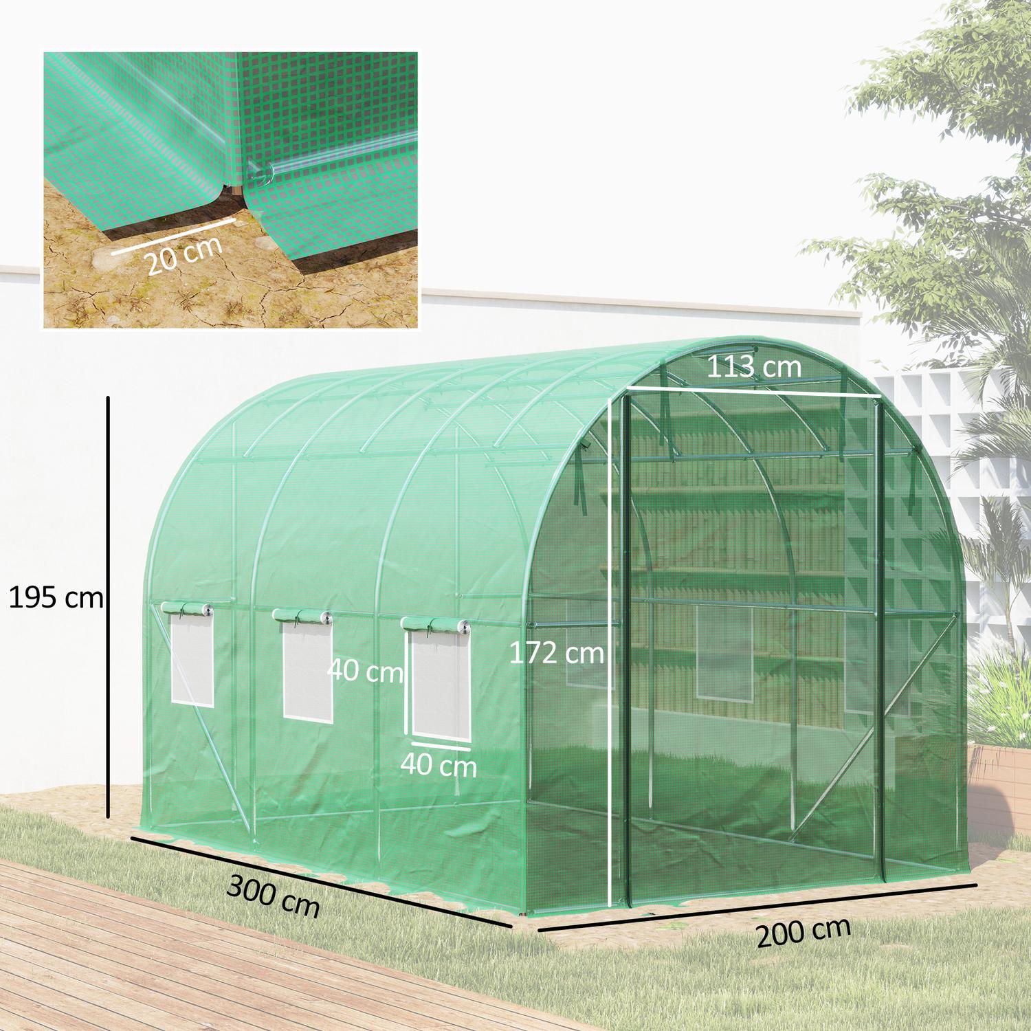 Växthus 3x2x2m UV-beständig, rulldörr, 6 fönster