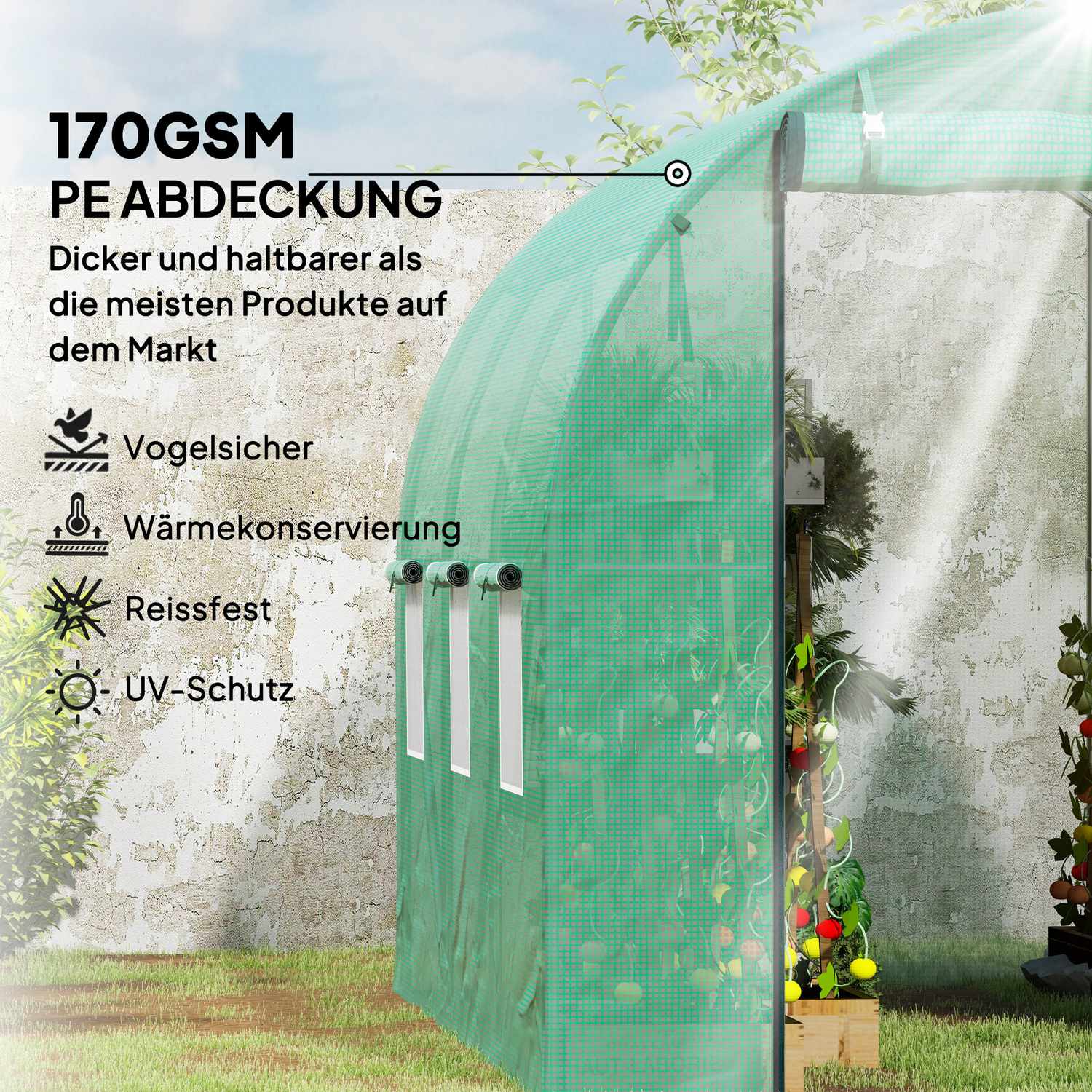 Växthus 3x2x2m UV-beständig, rulldörr, 6 fönster