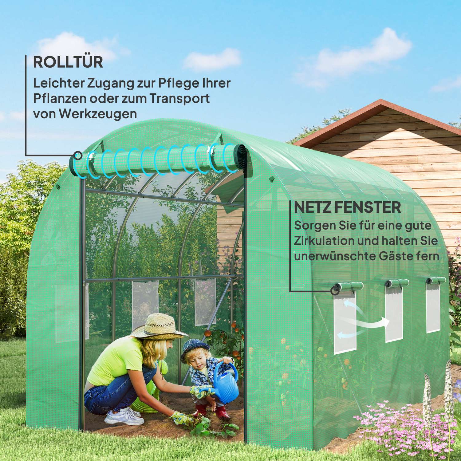 Växthus 3x2x2m UV-beständig, rulldörr, 6 fönster