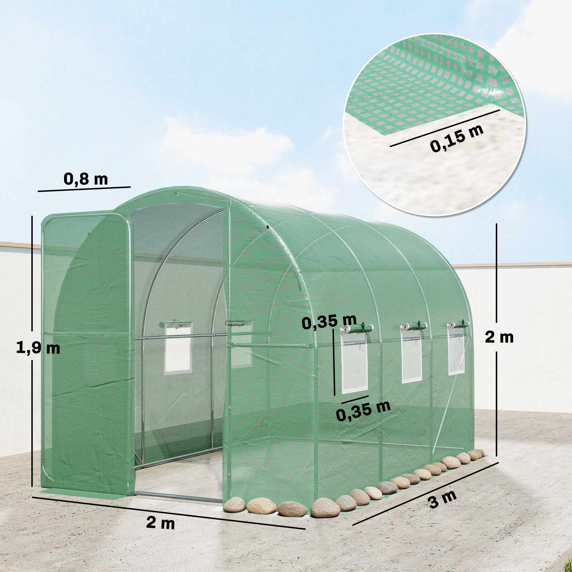 Växthus i polytunnelformat, 2x3m, PE-överdrag, stålram