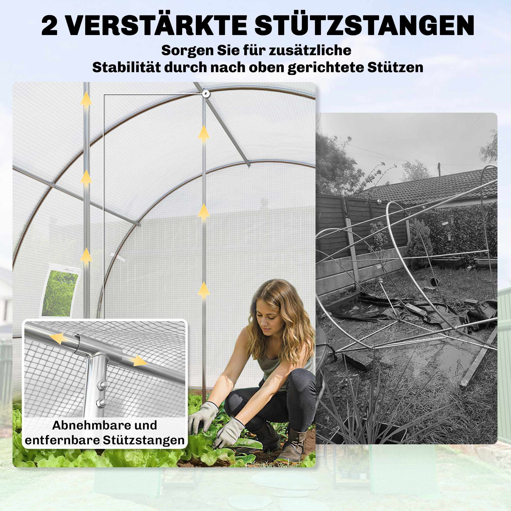 Växthus med PE-överdrag, nätdörr, stödstänger, vit