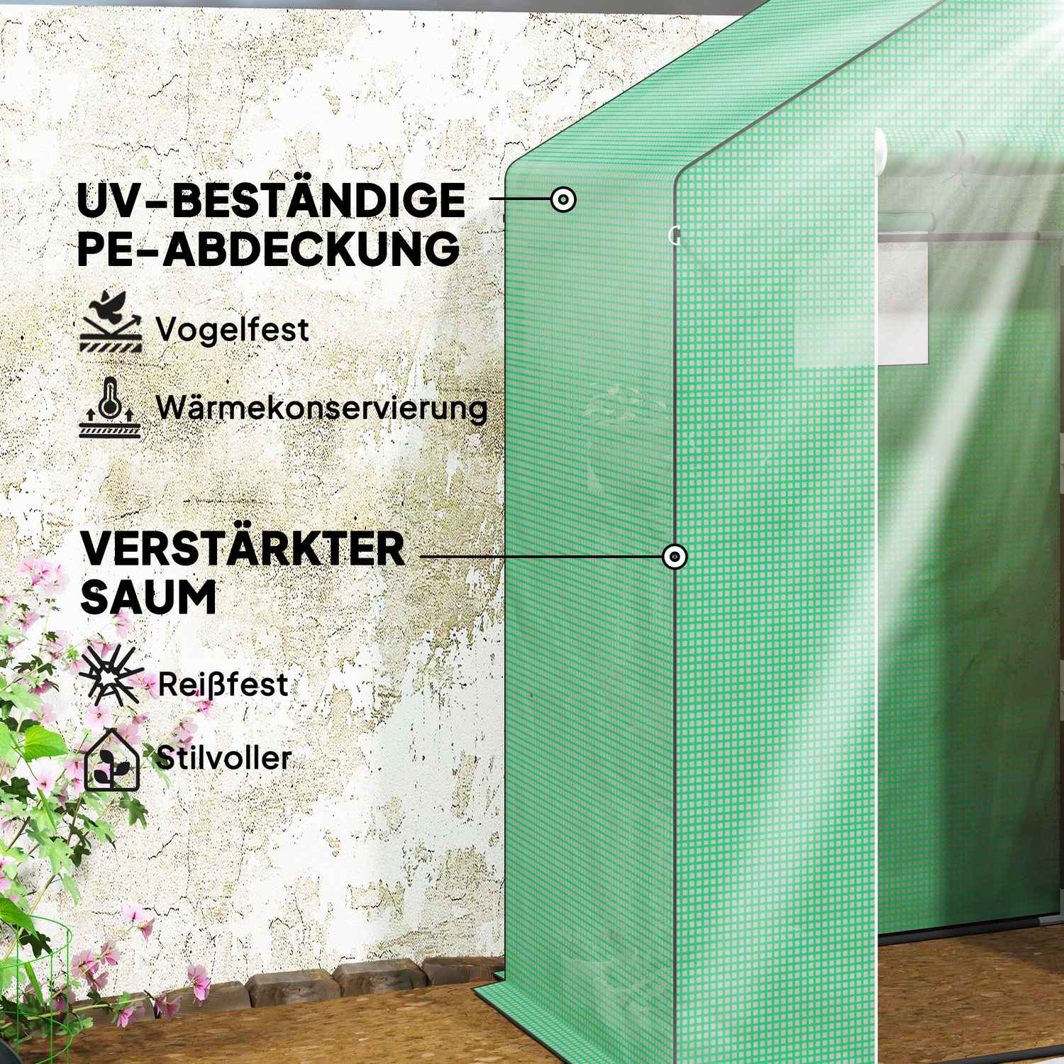 Växthus med hyllor och rulldörr för tomater