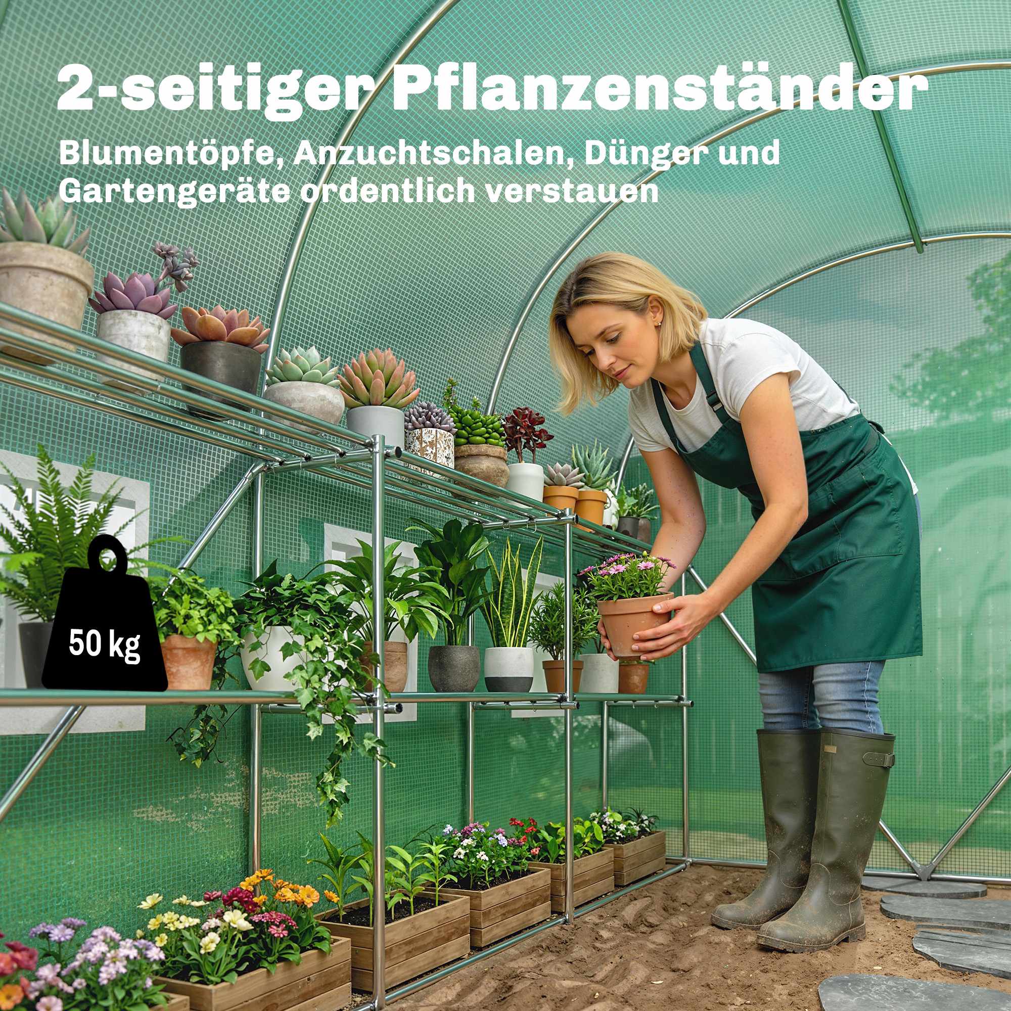 Växthus med hyllor, rulldörr, 6 nätfönster