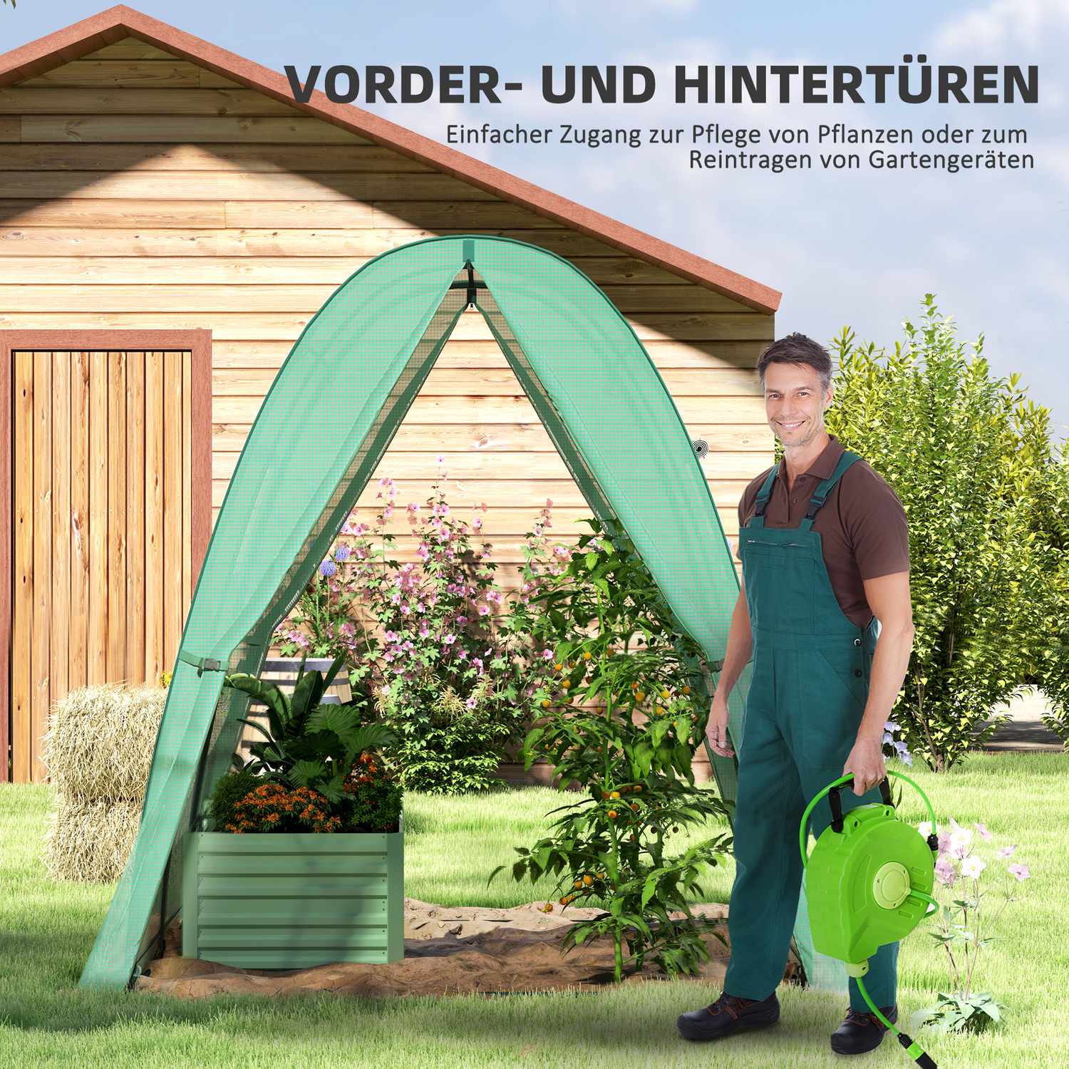 Vintertätt växthus av stålfolie med dörr och fönster