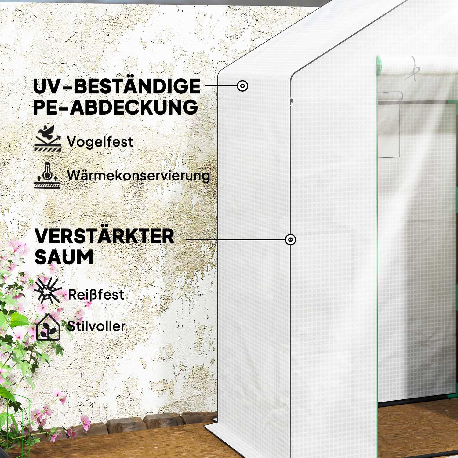 Växthus med rulldörr och hyllor för trädgårdsbruk