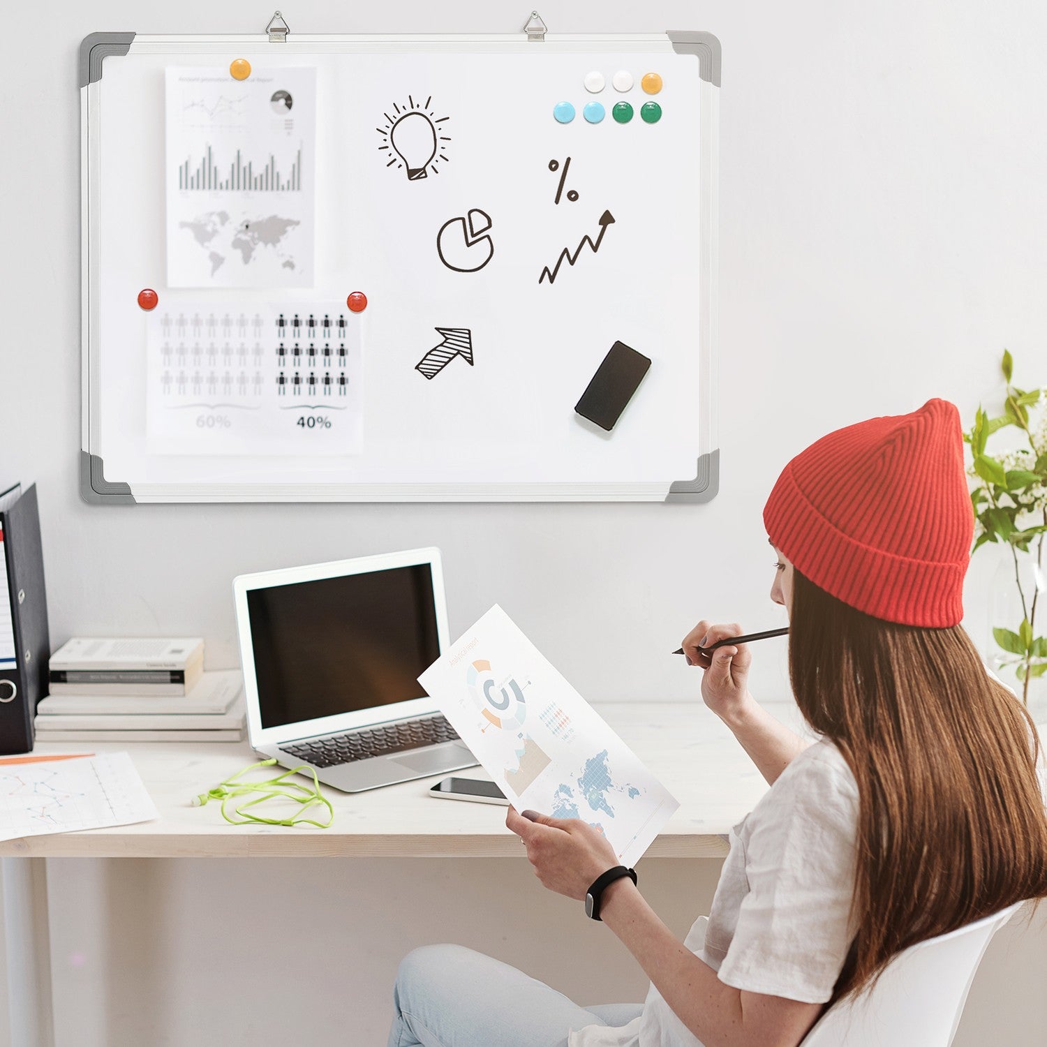 Magnetisk whiteboard staffli Set med markörer och magneter, 60x45cm