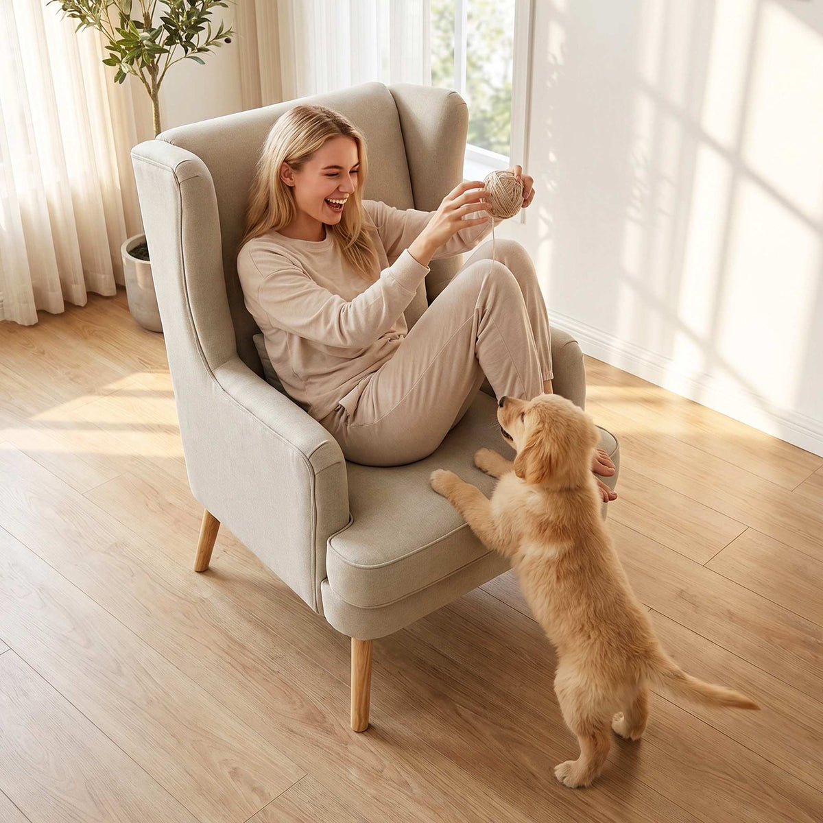 Wingback-stol med beige linlook og korsryggpute