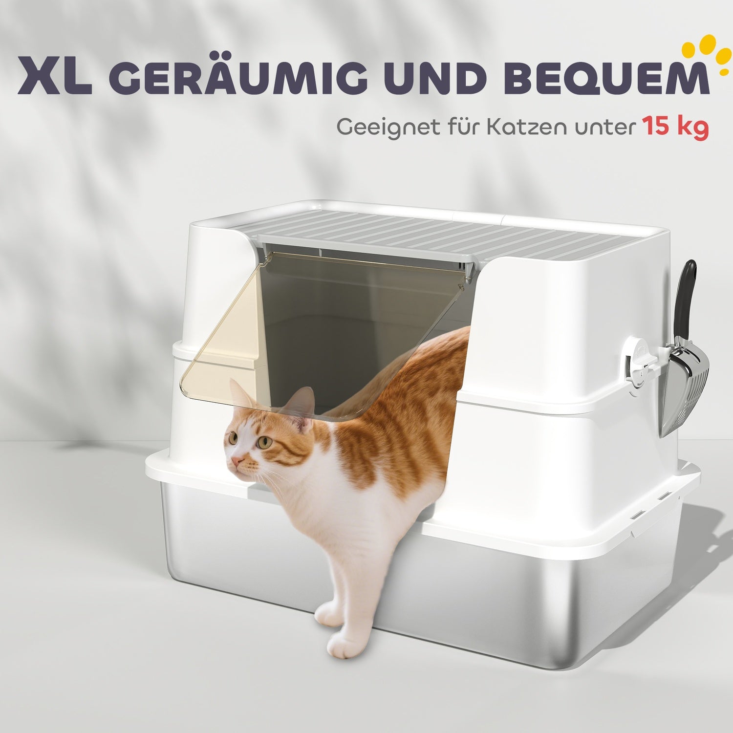 XL kattlåda i rostfritt stål, skopa ingår, ljusgrå