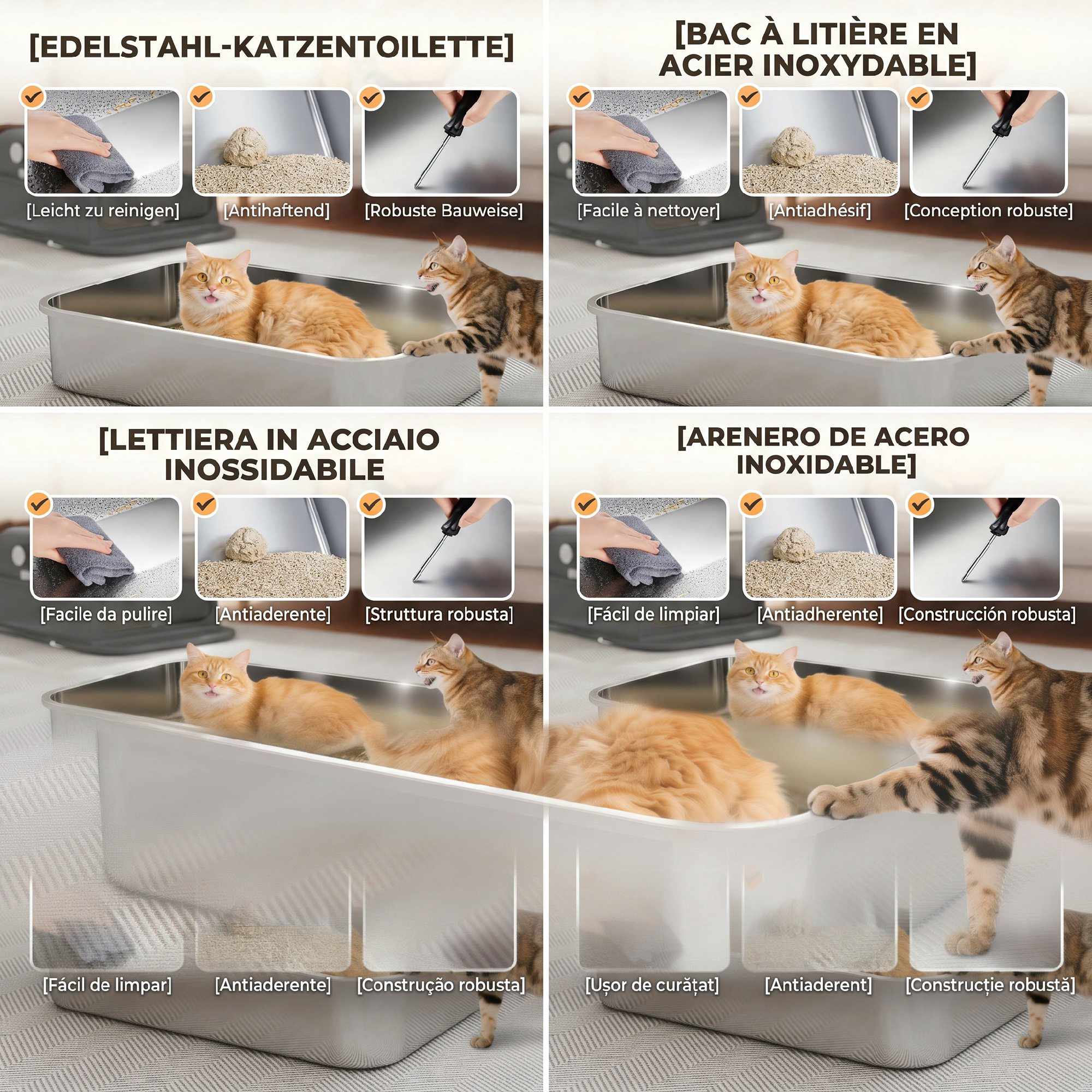 XXL kattlåda i rostfritt stål med lock, 72 liter och skopa